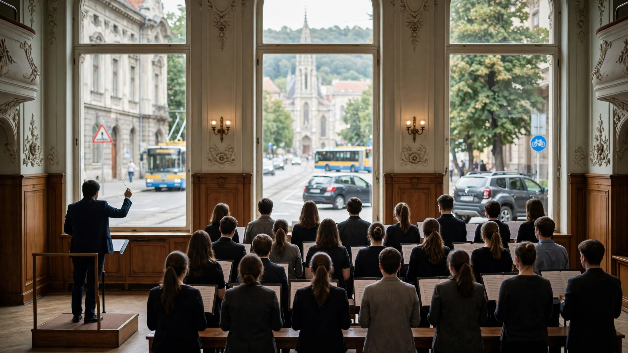 Dirijor conducând un cor pe scena Academiei de Muzică Gheorghe Dima din Cluj-Napoca