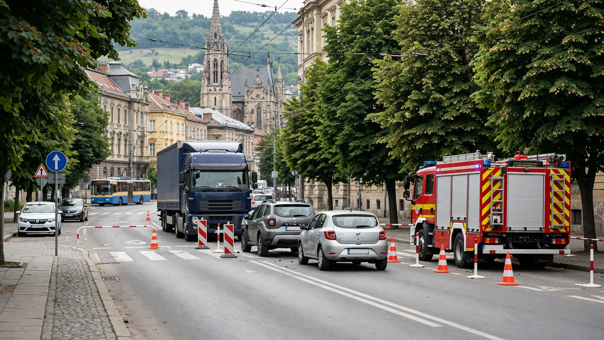 Autospeciale de intervenție pe DN1C, la Livada, după accidentul dintre un TIR și două autoturisme