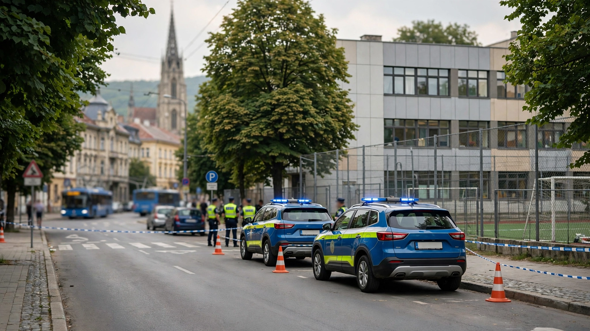 Echipaje de poliție la Liceul Teoretic Báthory István din Cluj-Napoca în timpul unei alerte cu bombă