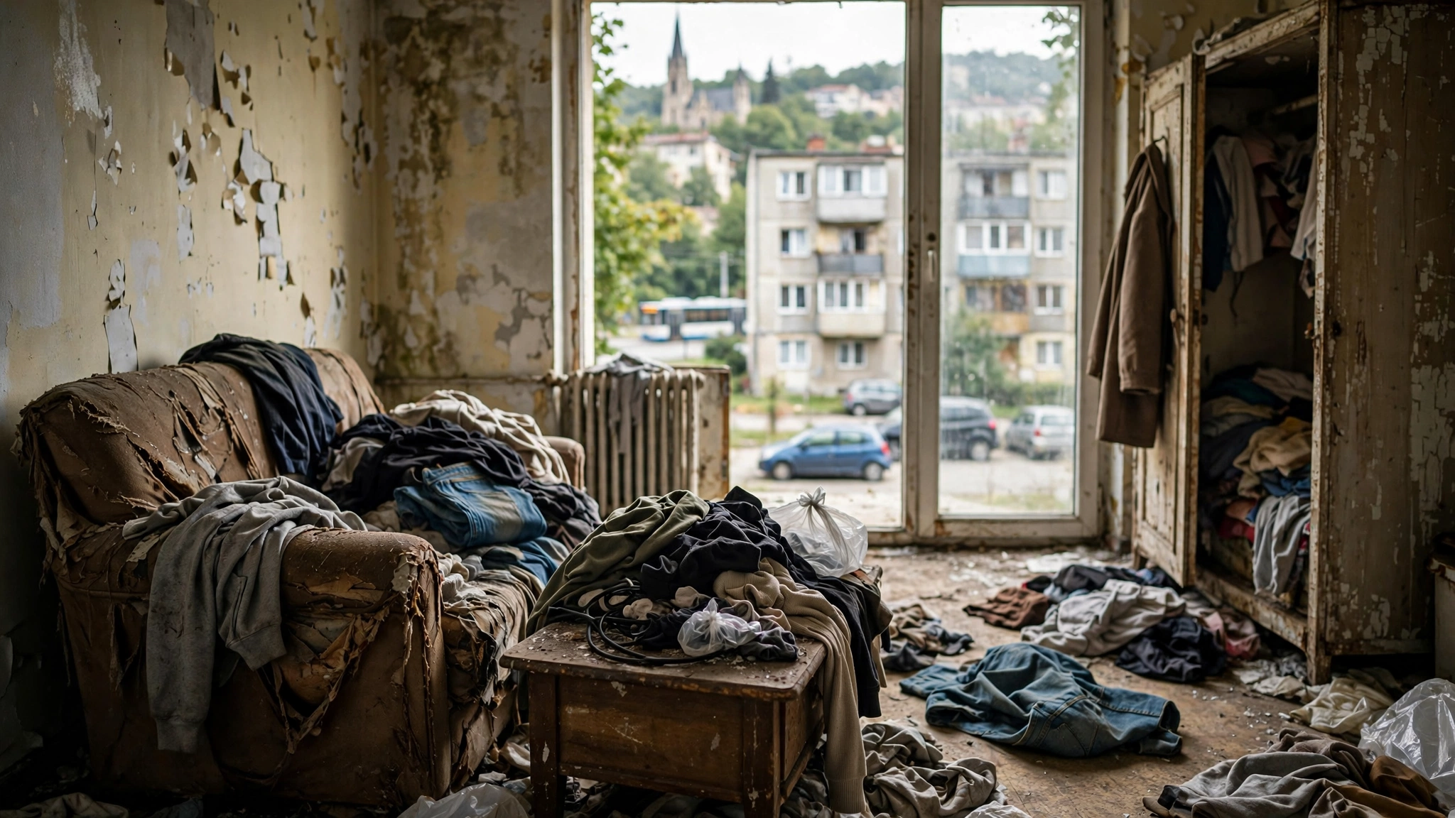 Interiorul unui apartament din Florești, cu mobilier deteriorat și haine lăsate de chiriași