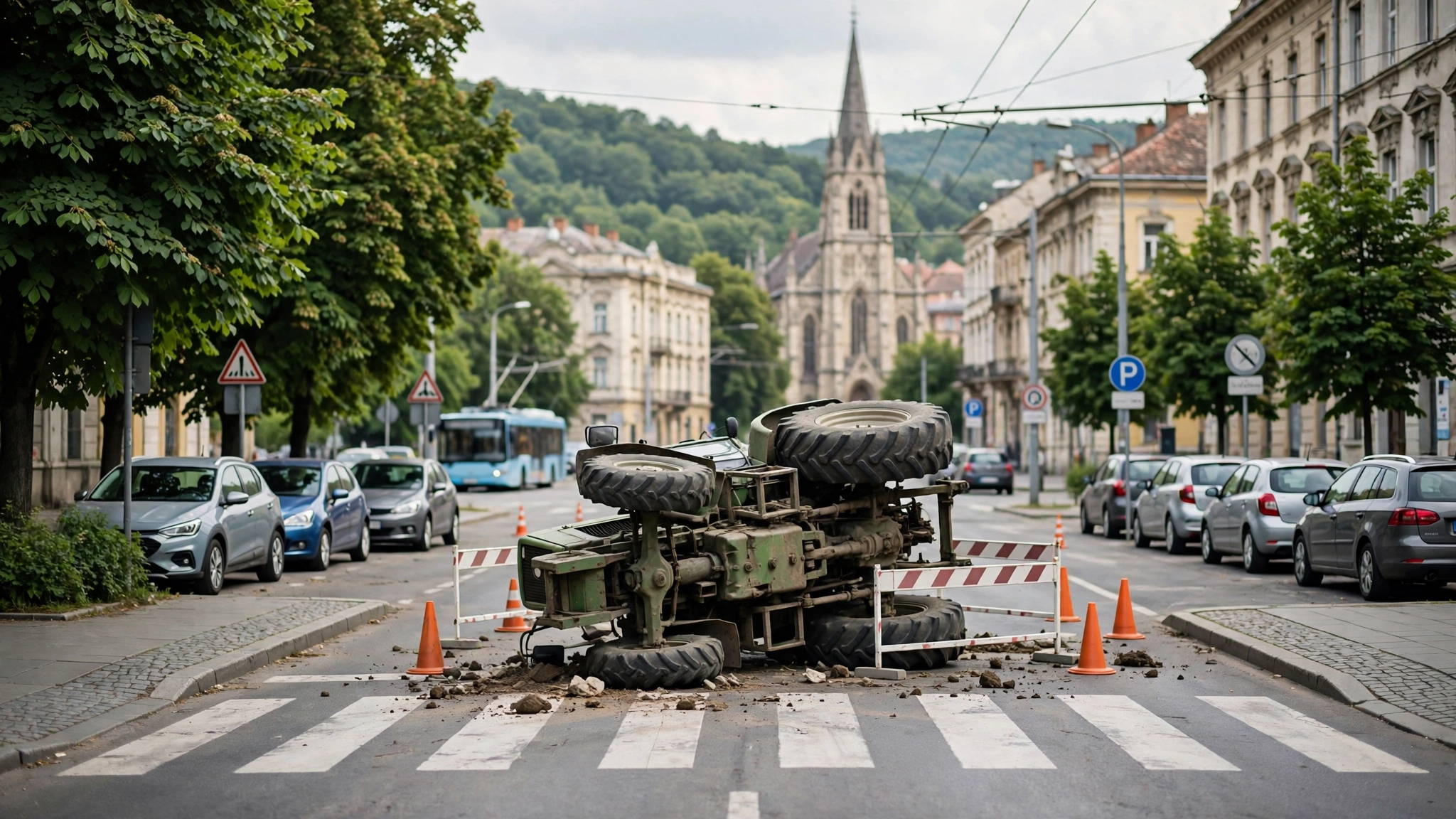 Tractor răsturnat pe un drum din localitatea Suatu, județul Cluj
