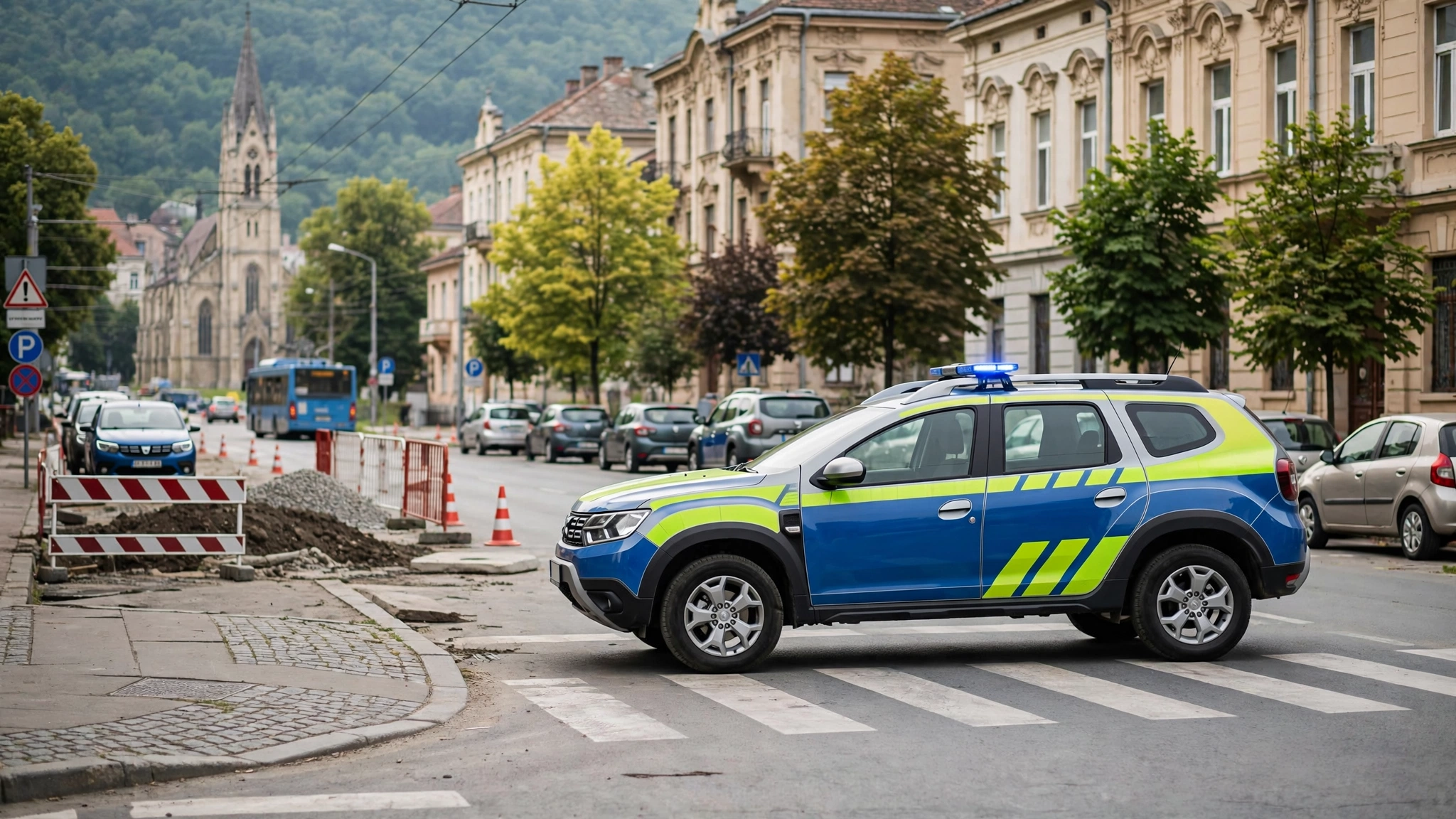 Masina de politie oprita pe o strada din comuna Gilau, judetul Cluj