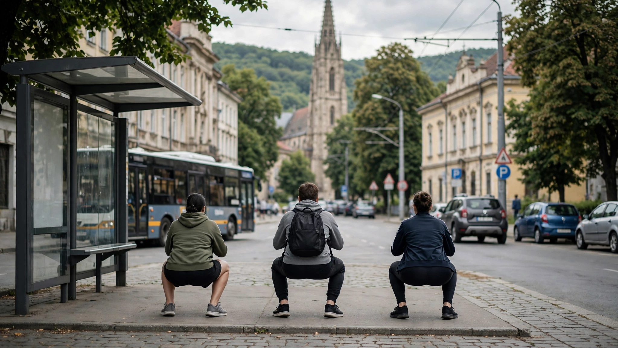 Clujeni făcând genuflexiuni într-o stație de autobuz din Cluj-Napoca pentru a obține un bilet gratuit