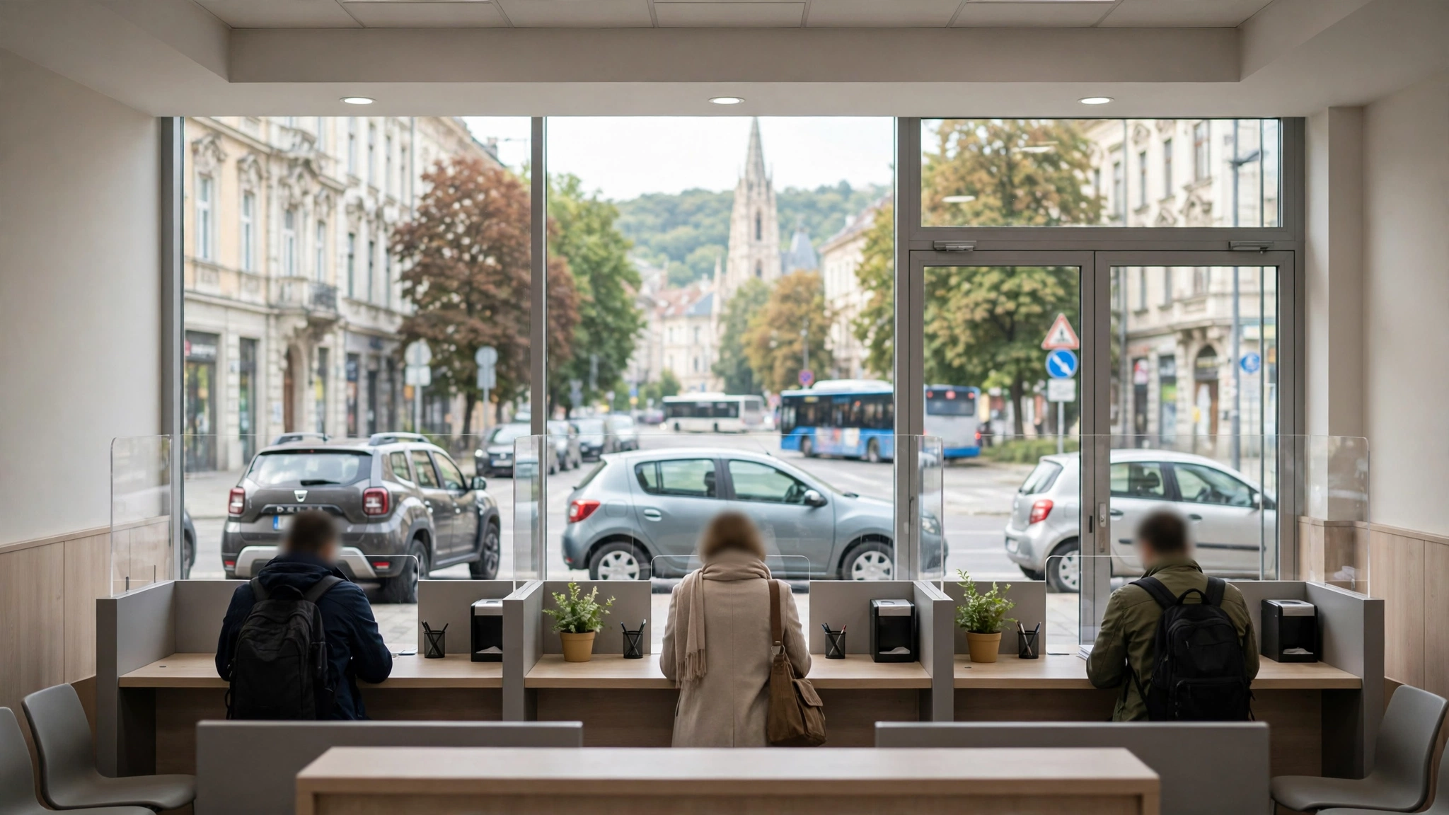 Birou al Serviciului pentru Imigrări, cu străini la ghișeu