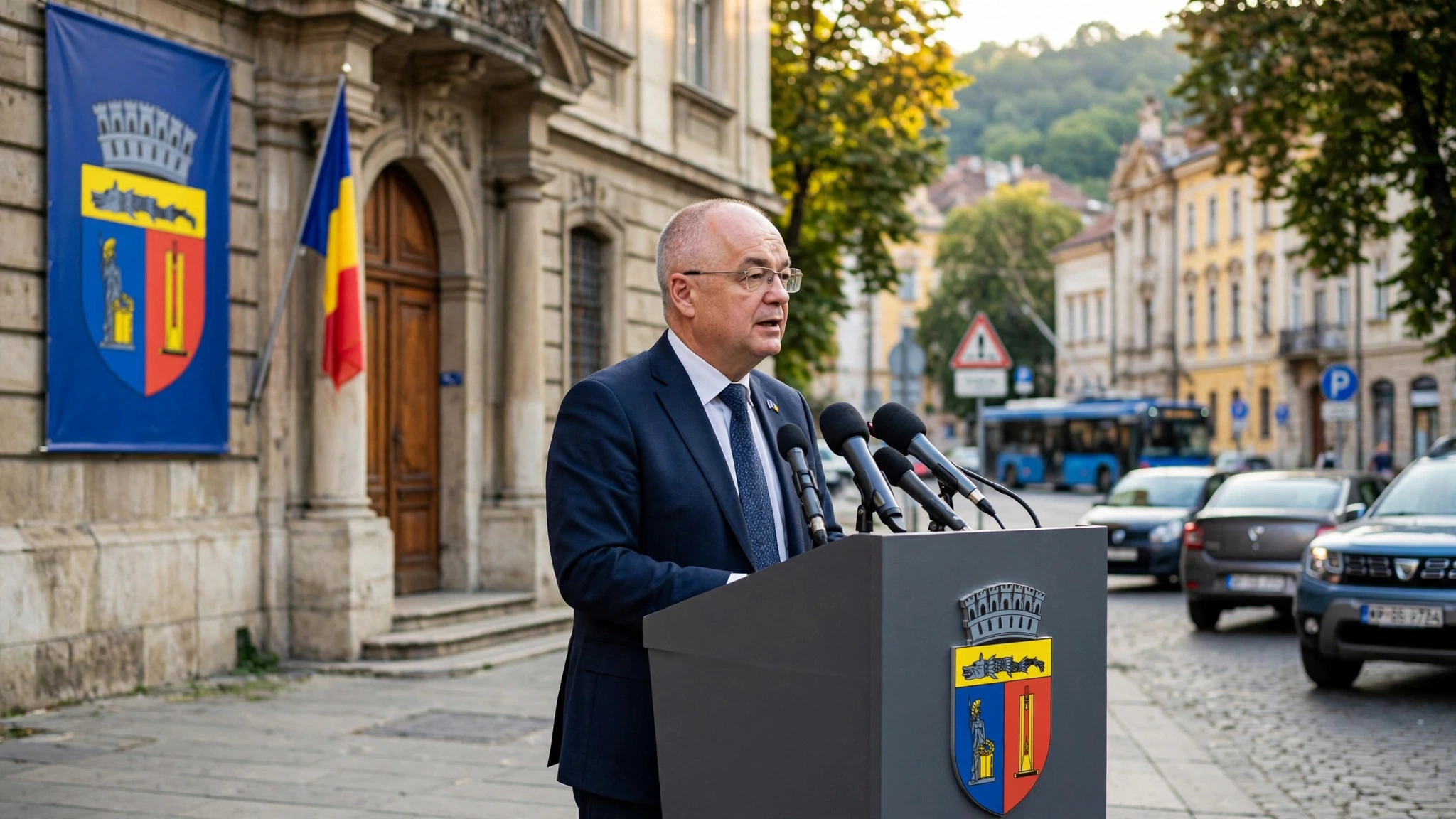 Emil Boc la o declarație publică, lângă sigla Primăriei Cluj-Napoca