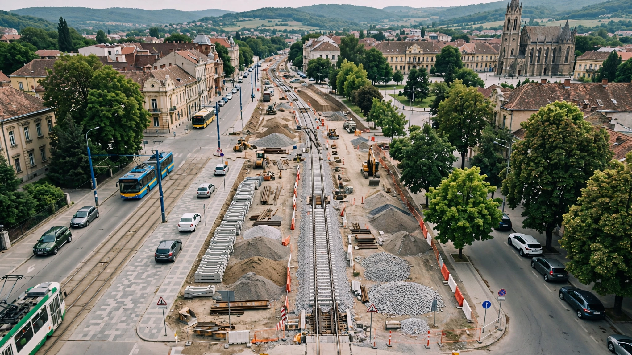 Vedere aeriană a șantierului de pe calea ferată Cluj-Napoca – Oradea
