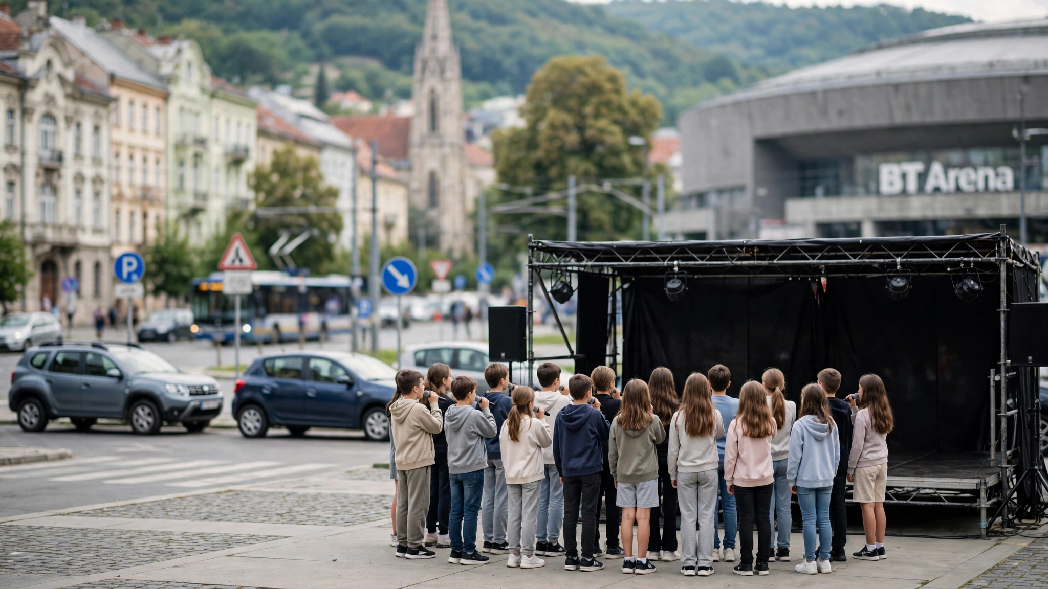 Copii și tineri cântând pe scena BT Arena din Cluj-Napoca la evenimentul „Cântările Cerului”