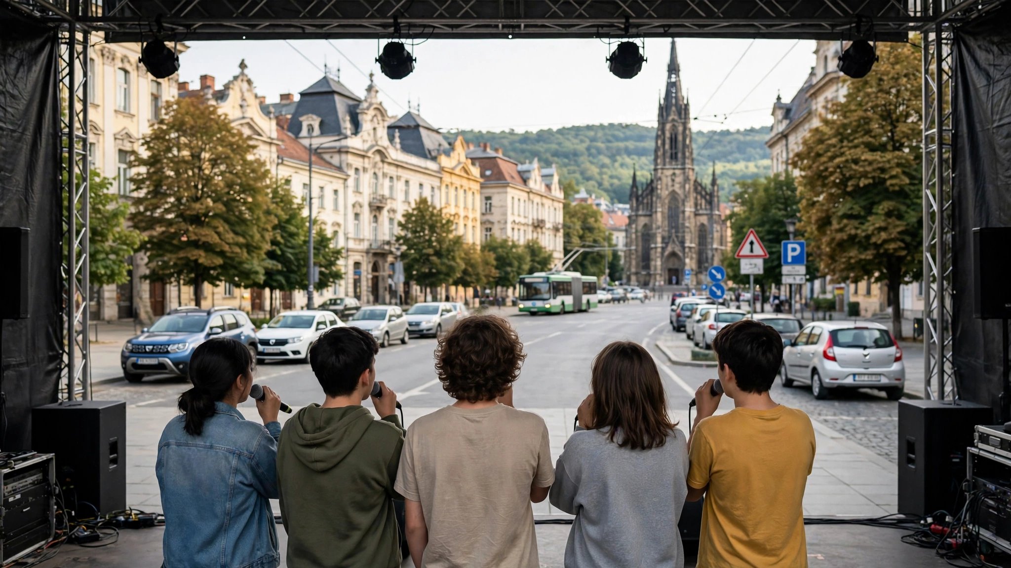 Tineri cântând pe scena evenimentului „Cântările Cerului” la Cluj-Napoca