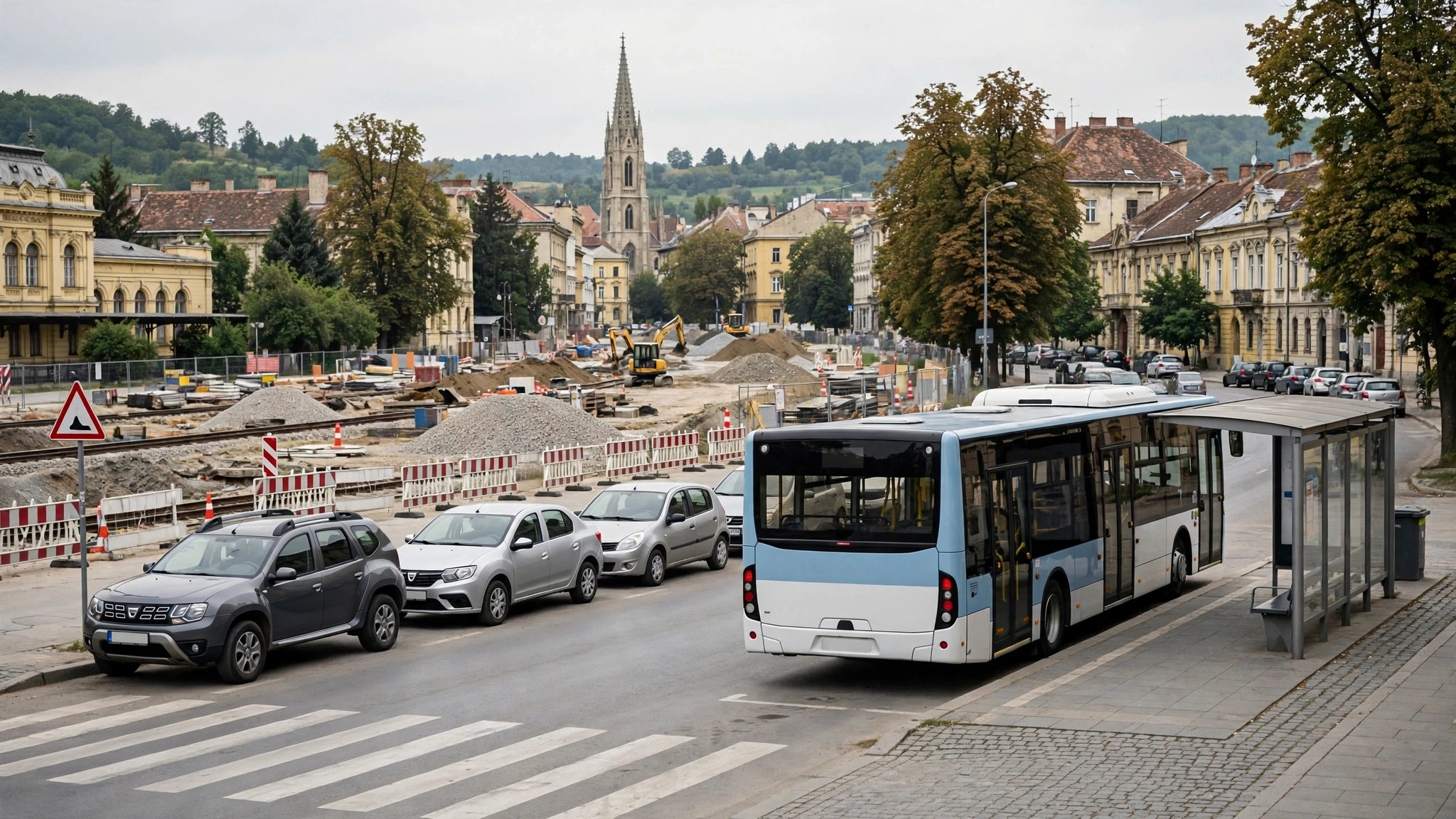 Autobuz de înlocuire la o stație din apropierea gării, pe fondul lucrărilor de modernizare a căii ferate