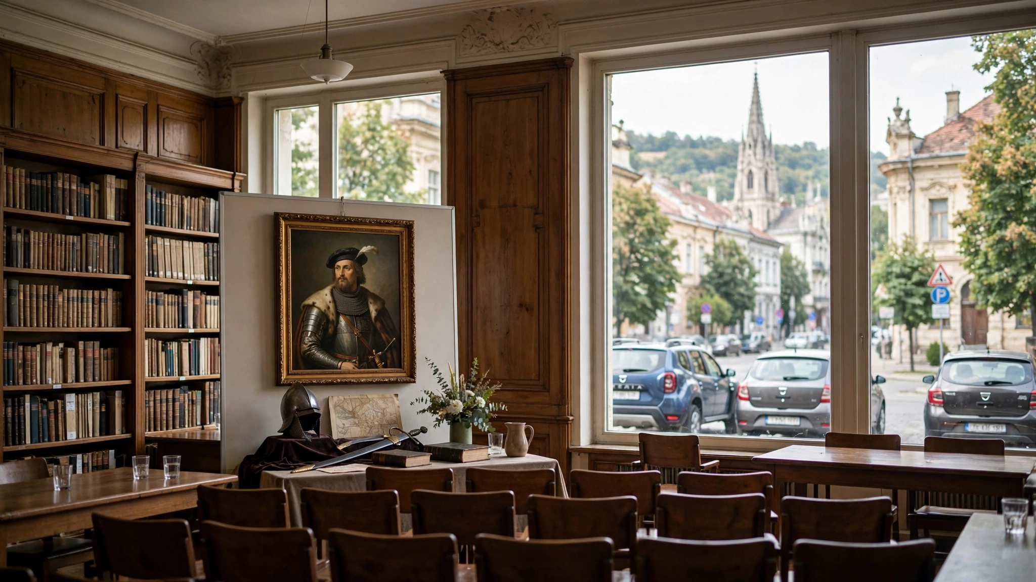 Sala de conferințe a Bibliotecii Academiei Române din Cluj-Napoca în timpul evenimentului dedicat lui Iancu de Hunedoara