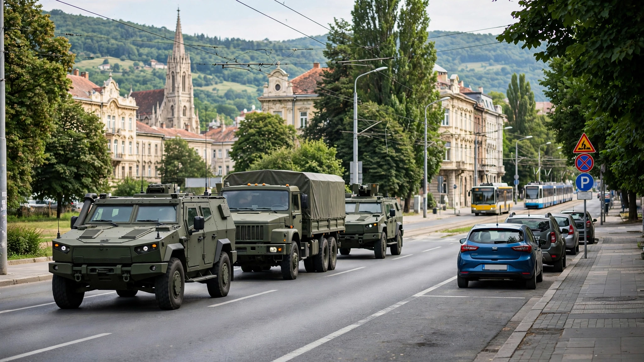 Convoi de tehnică militară pe o șosea din județul Cluj