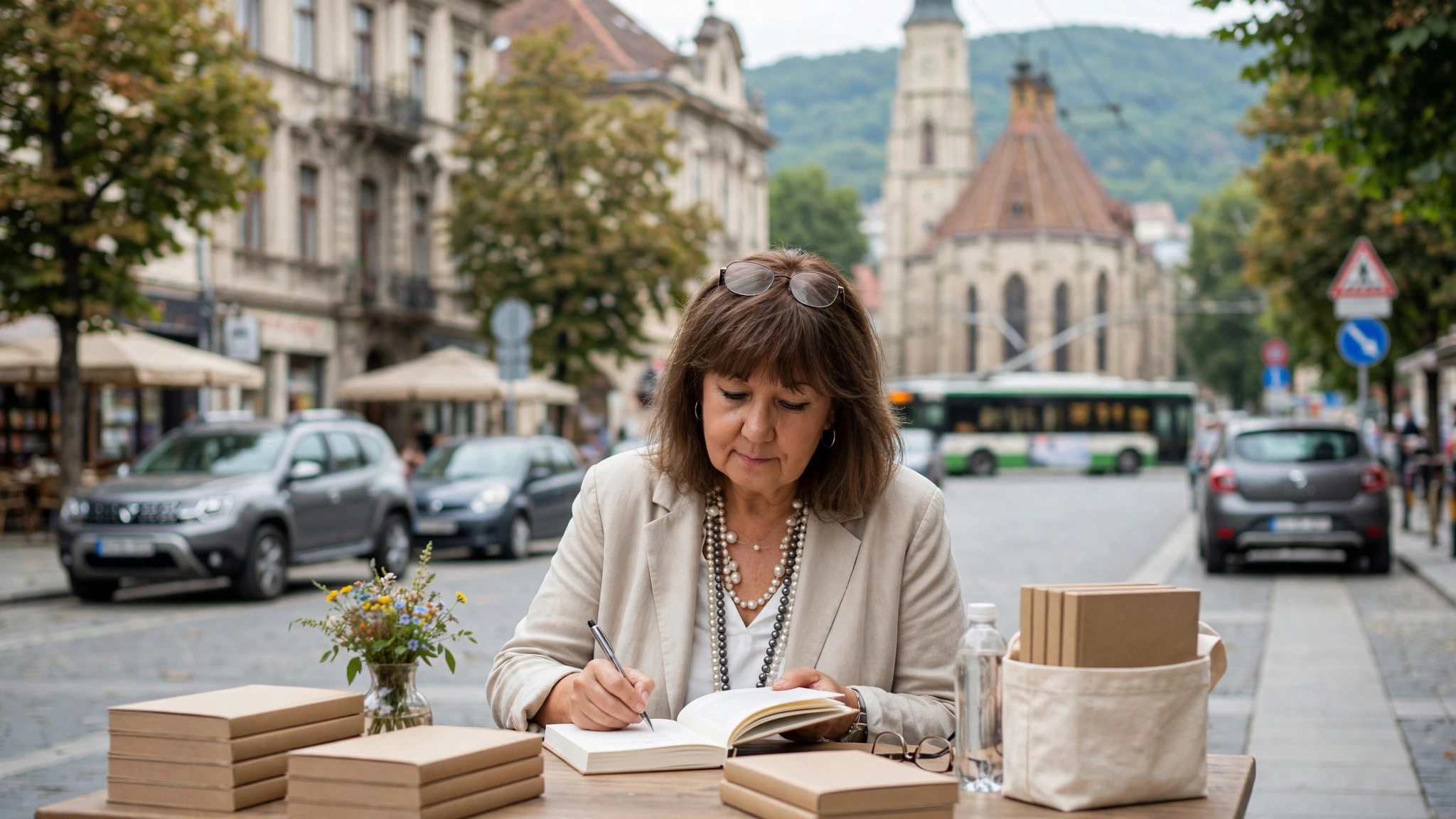 Doina Ruști în timpul lansării romanului „Matuf, peruchierul” la librăria Librarium Book Corner din Cluj-Napoca