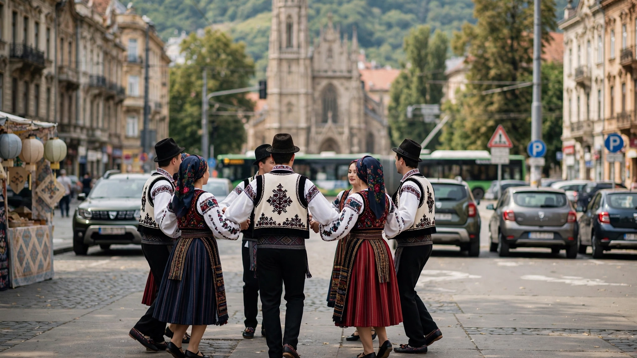 Dansatori ai Ansamblului Dor Transilvan în costume populare la Festivalul Hwaseong din Suwon
