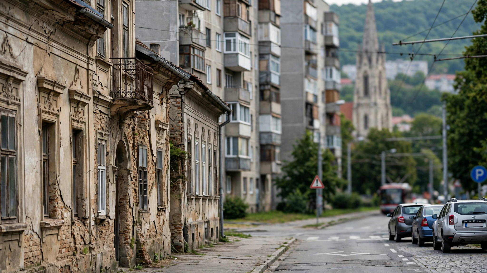 Fațade fragmentate și case vechi între blocuri în Cluj-Napoca, temă a expoziției „Aproape nimic”