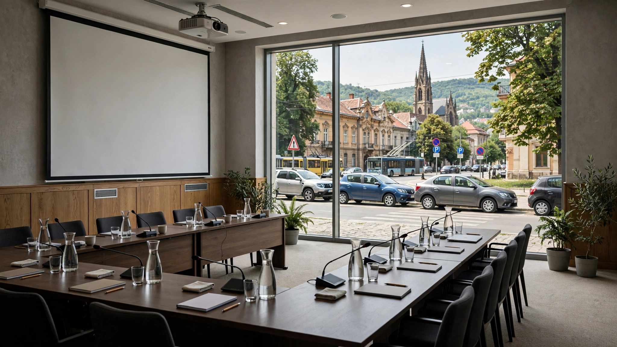 Sala de conferințe pregătită pentru AI Technologies & Research Forum la Cluj-Napoca