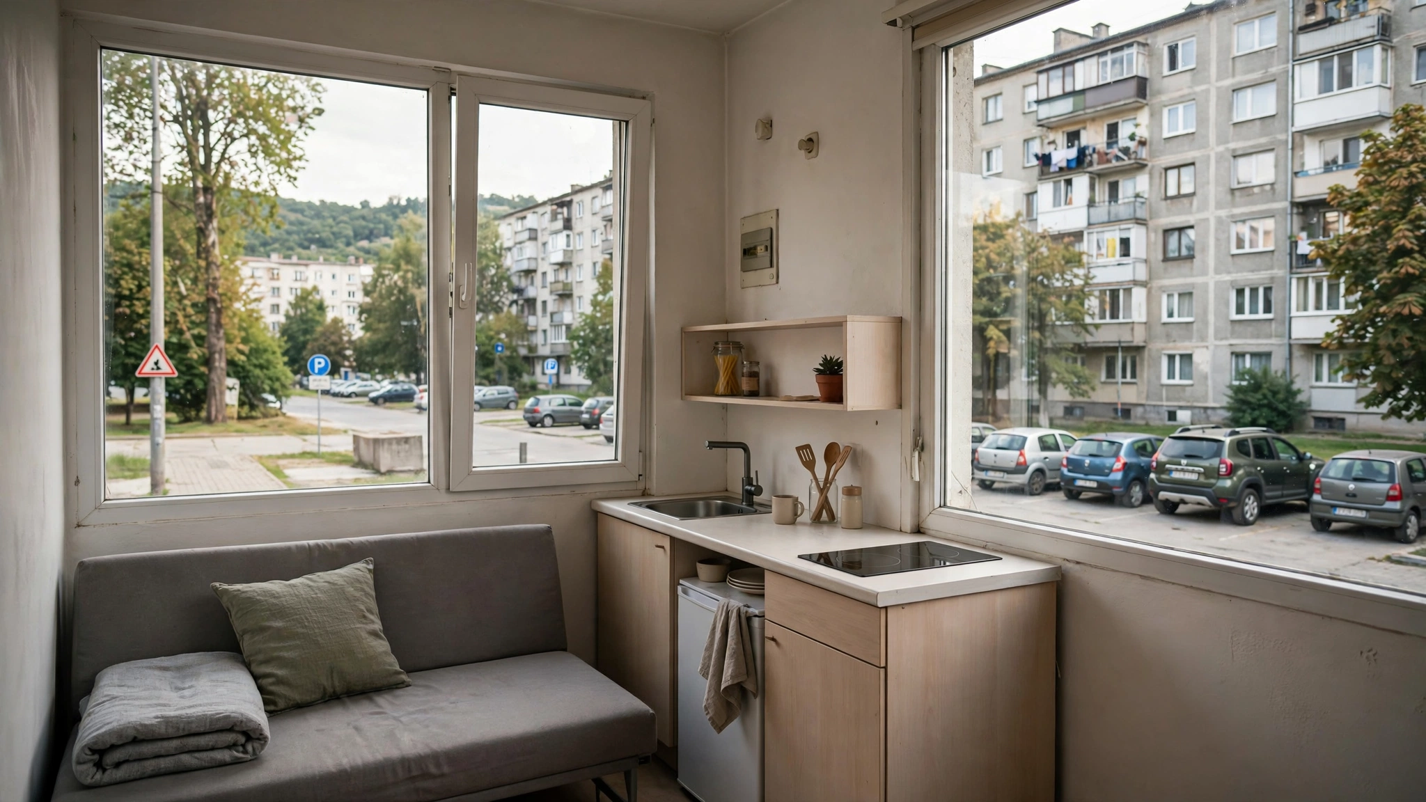 Interiorul unei garsoniere de 11 mp din cartierul Mănăștur, Cluj-Napoca, cu canapeaua extensibilă lipită de bucătărie