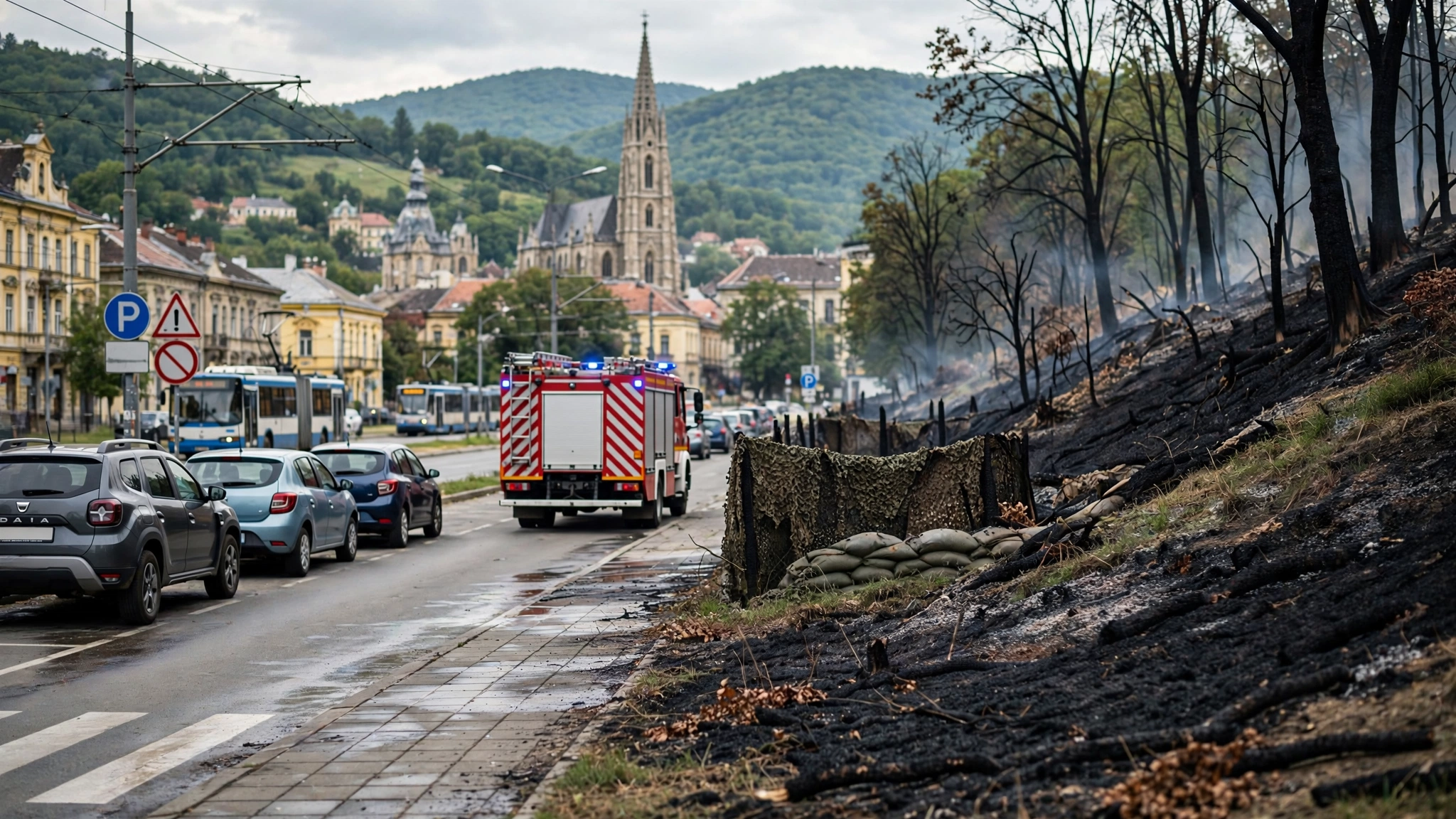 Zonă de antrenament militar afectată de incendiu, cu vegetație arsă