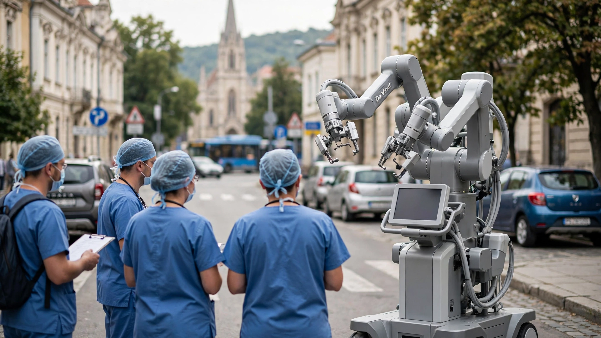 Echipă medicală lângă sistemul chirurgical robotic Da Vinci la Institutul Oncologic Cluj