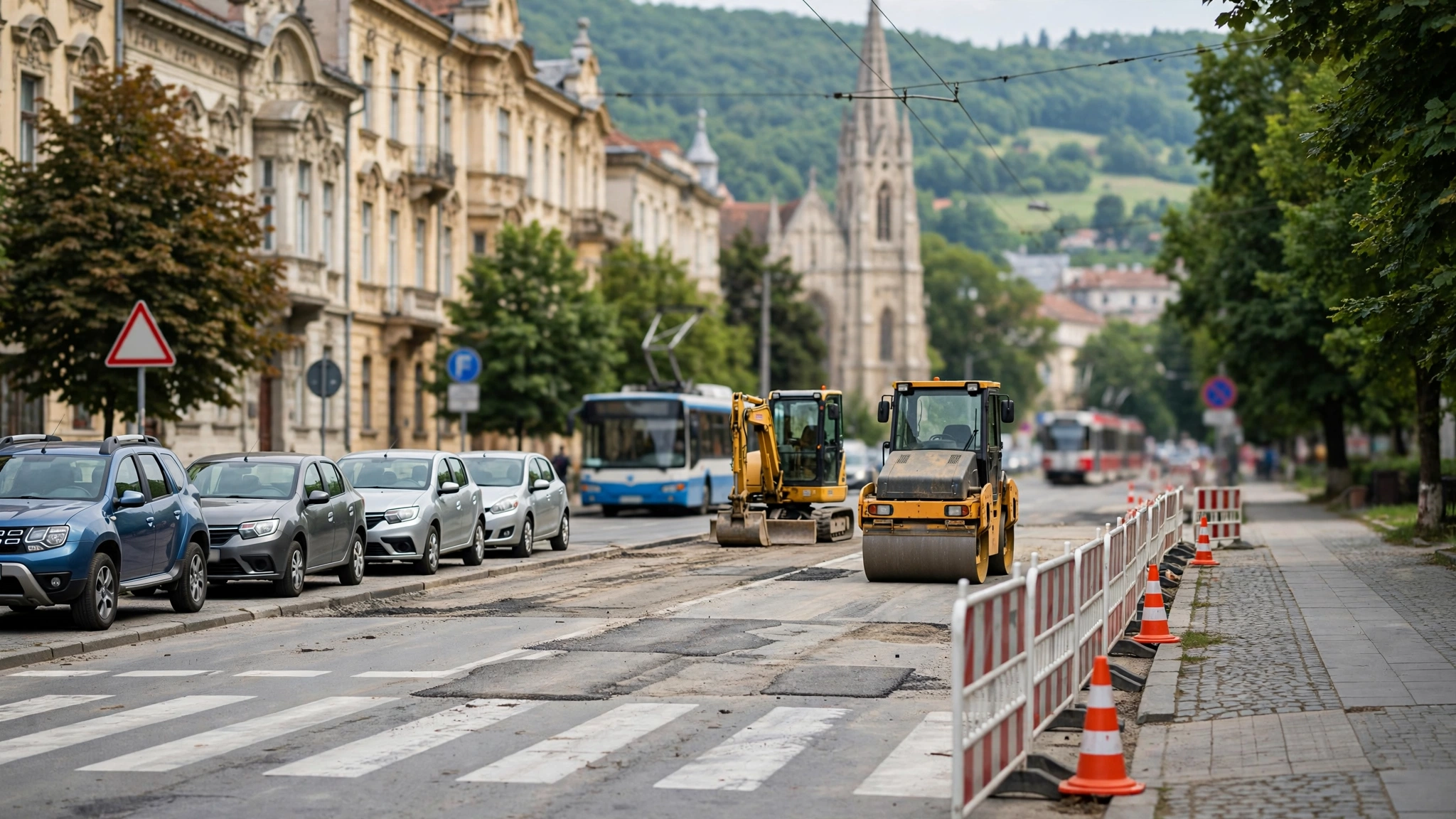 Utilaje la lucrări de întreținere pe drumul județean 105S, între Pata și Boju