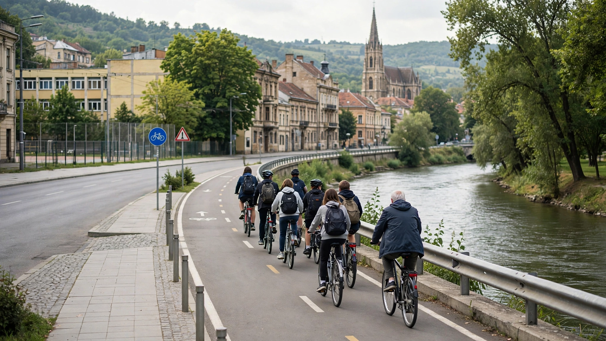 Elevi și profesori pedalează pe pista de biciclete de pe malul Someșului, la Cluj-Napoca