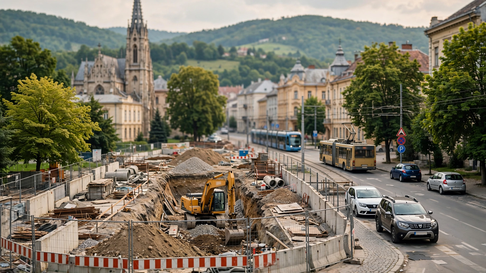 Șantierul metroului din Cluj-Napoca, cu utilaje de construcție în lucru