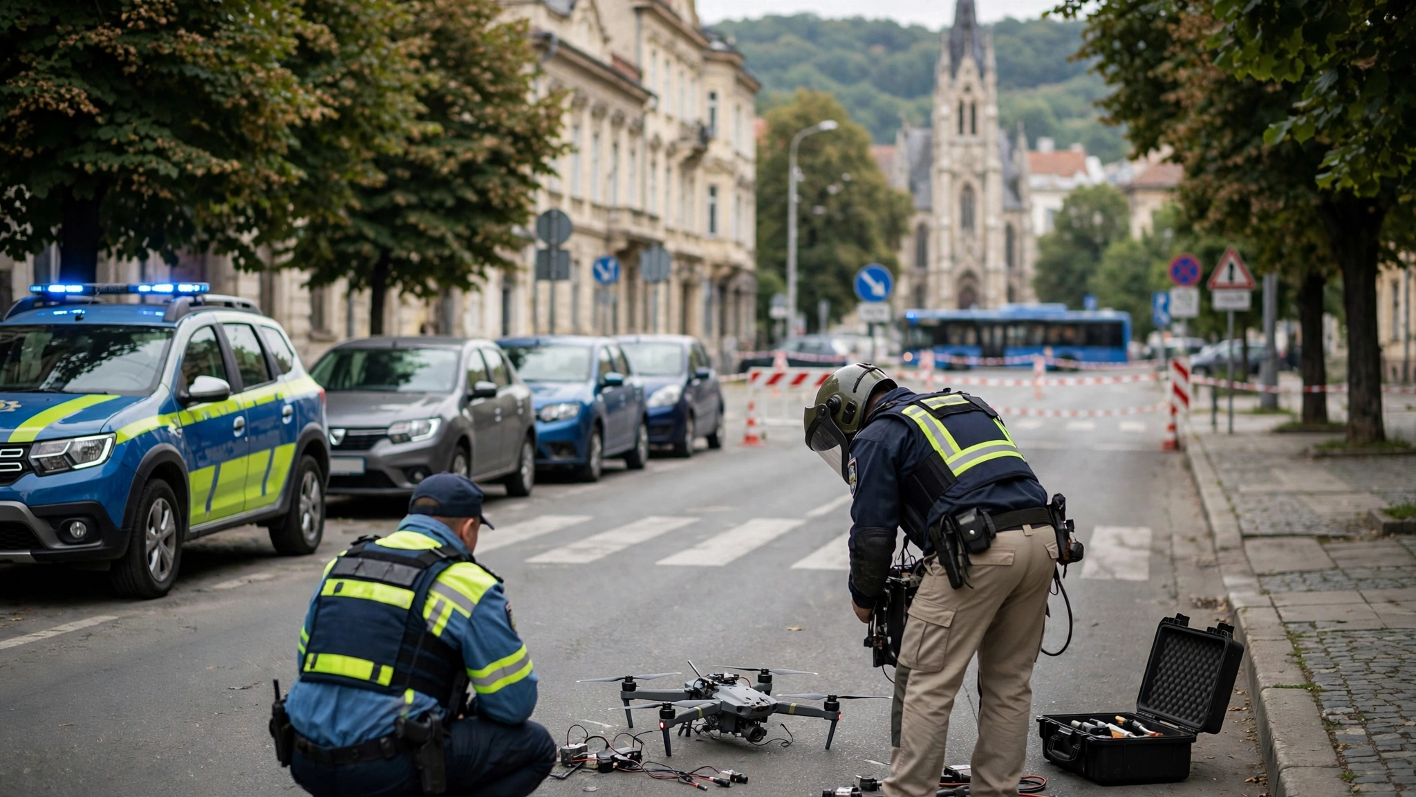 Polițiști și pirotehniști lângă un dispozitiv aeromodel găsit pe carosabilul Căii Florești din Cluj-Napoca