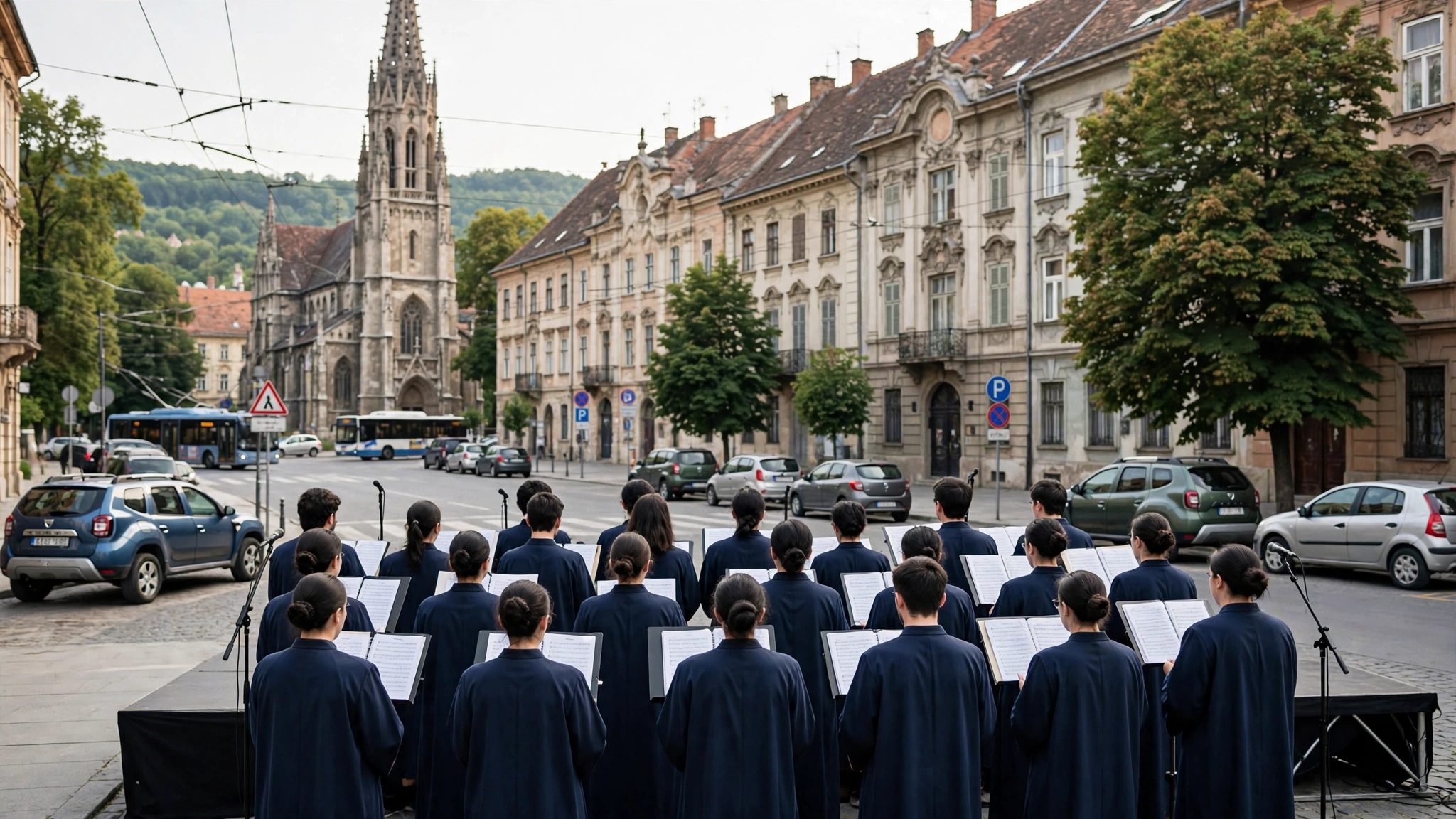 Cor interpretând un concert în aer liber, în centrul Clujului, la festivalul Noaptea Corurilor