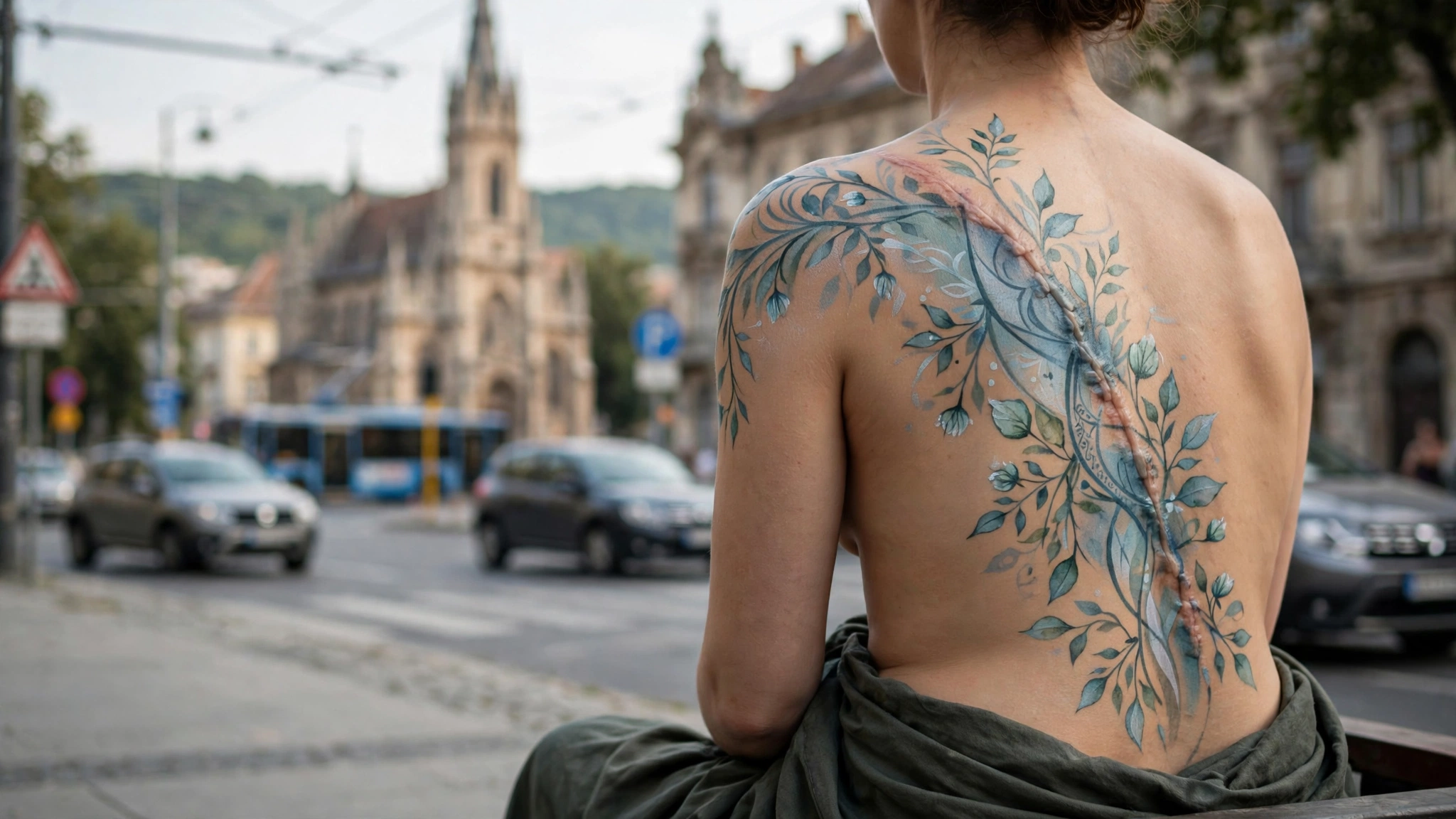 Tablou din proiectul (On)Cool Art, cu body painting pe o cicatrice oncologică