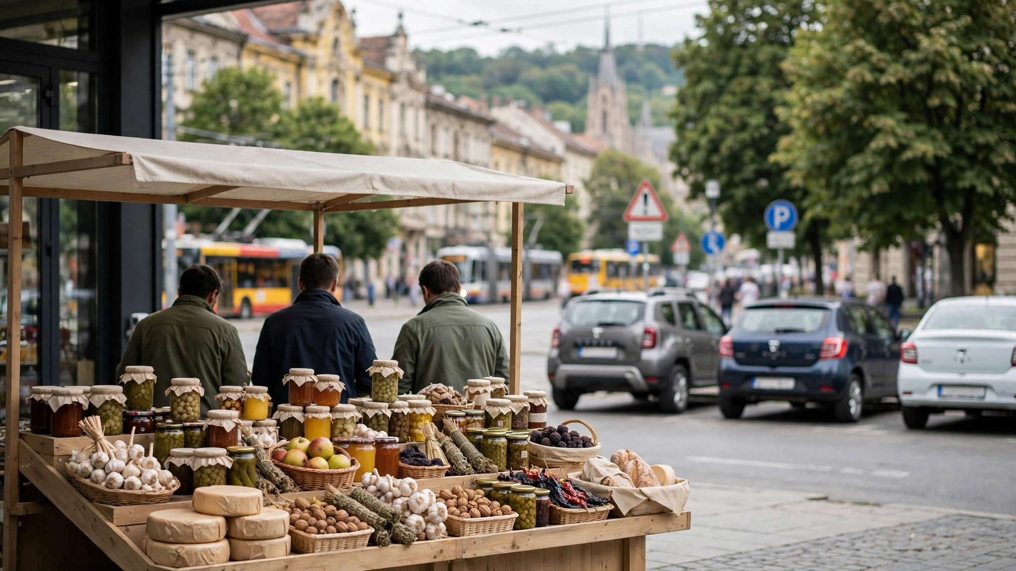 Angajați ai Grupului Oncos la standul cu produse românești din supermarketul din Piața Flora, Cluj-Napoca
