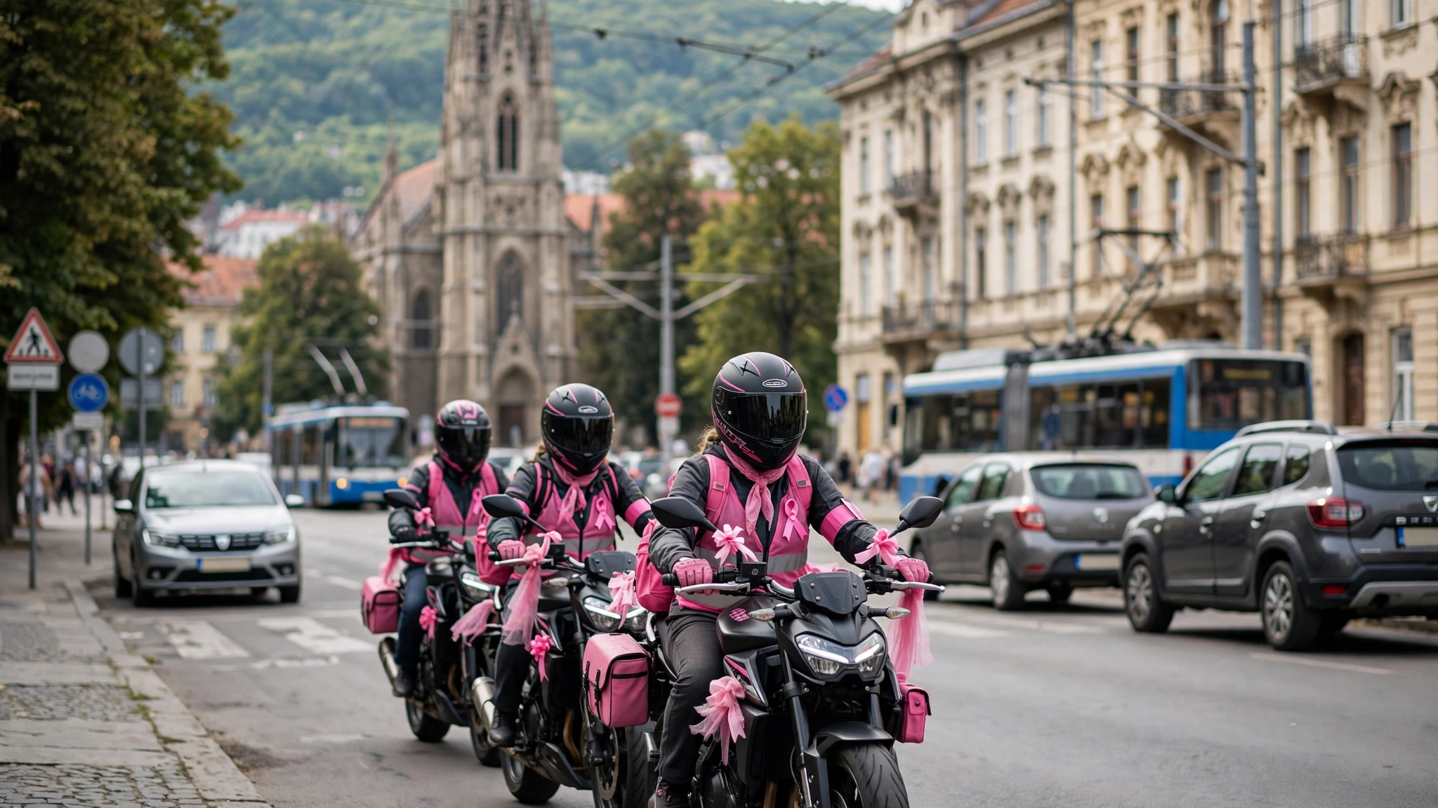 Motocicliste cu elemente roz participă la parada Pink Ride pe străzile din Cluj-Napoca