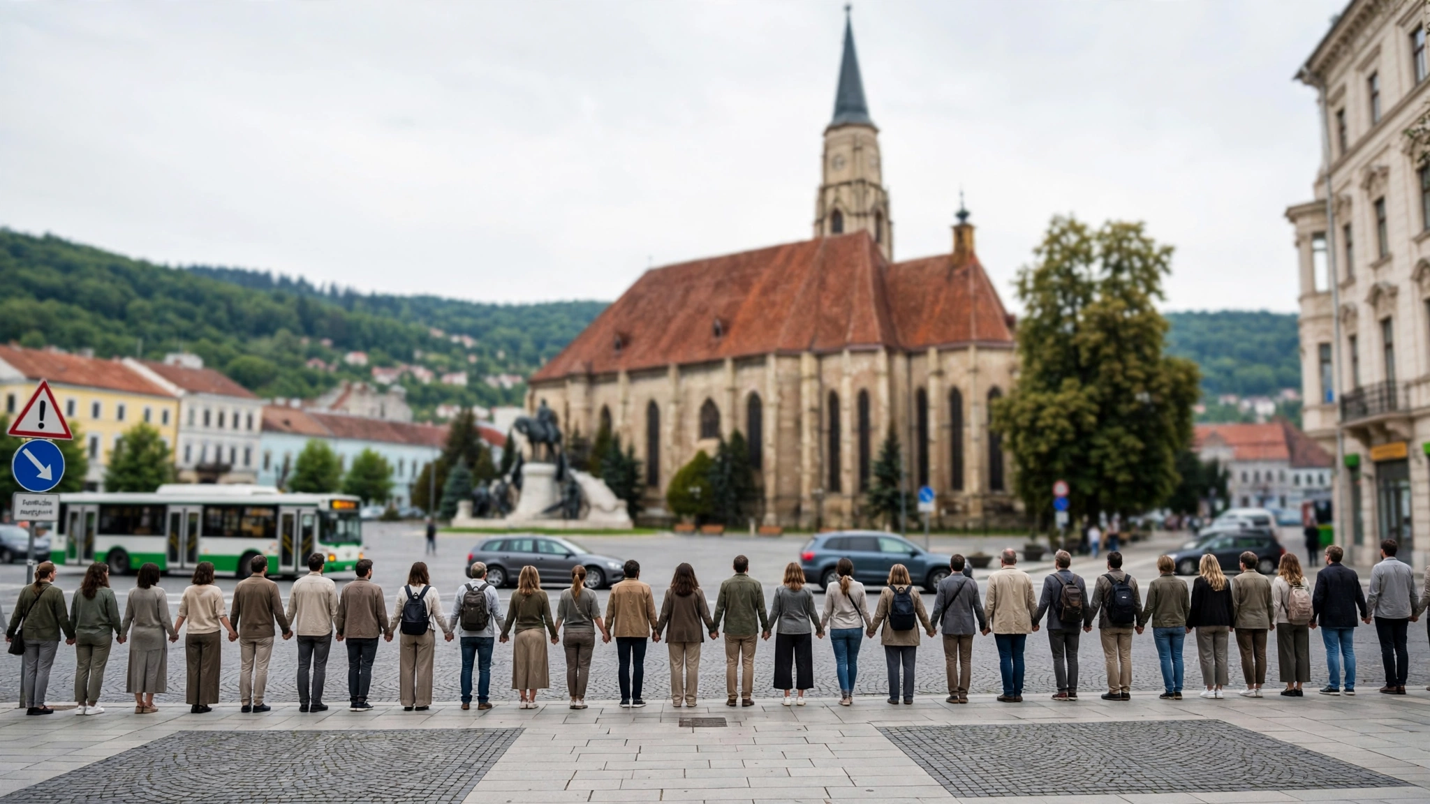 Participanți formează o panglică umană în Piața Unirii din Cluj-Napoca