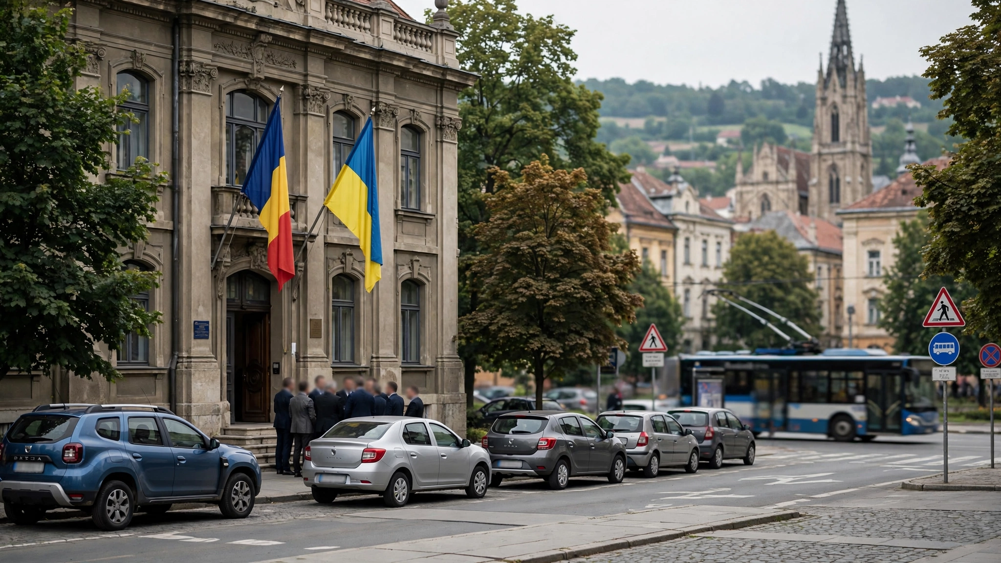 Clădire oficială cu steaguri românesc și ucrainean la intrare, într-o localitate de lângă Cluj-Napoca, cu oficialități adunate pentru o ceremonie de inaugurare.