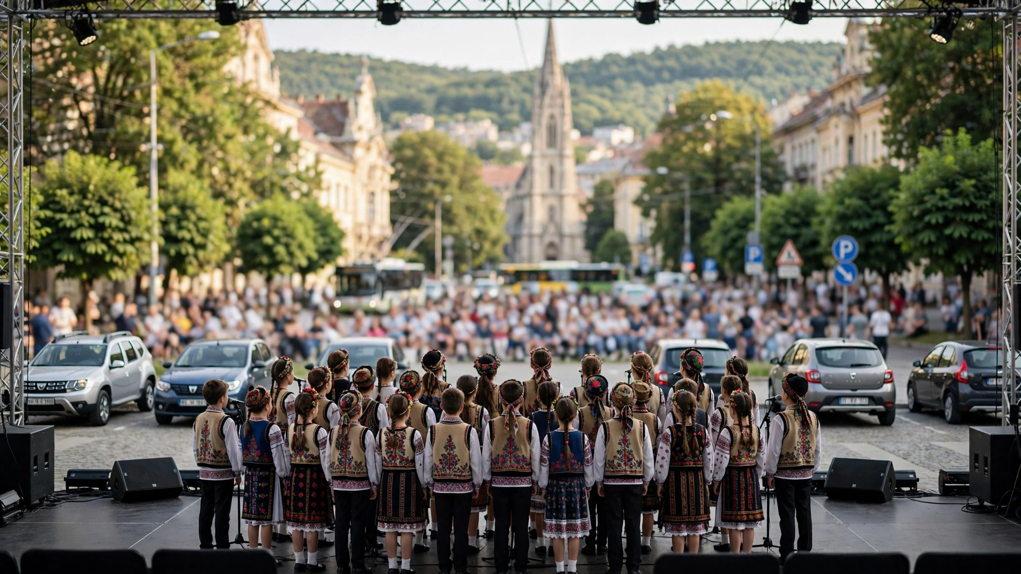 Mulțime de copii și tineri îmbrăcați în costume, cântând pe scena unei arene sportive aglomerate