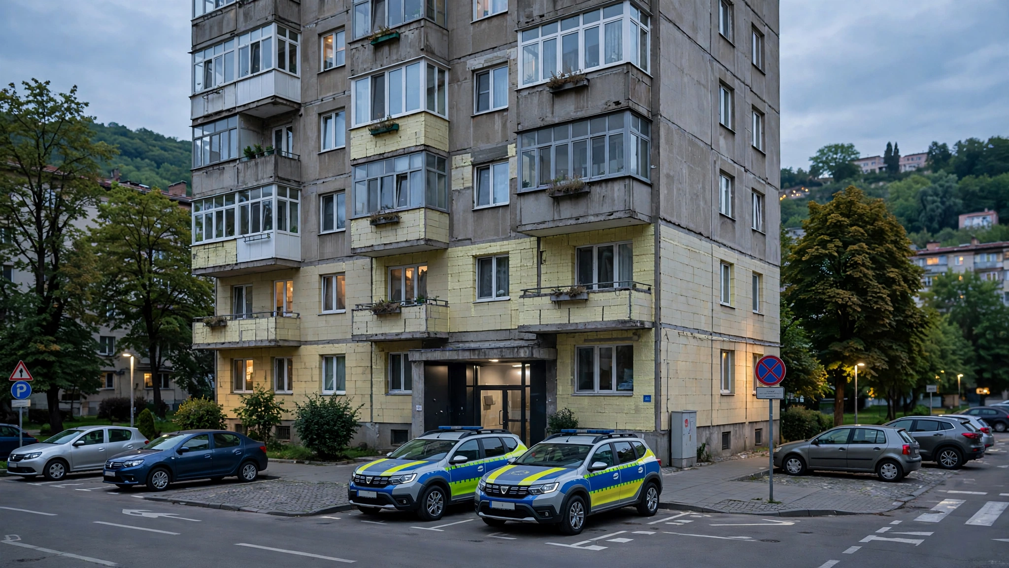 Fațada unui bloc de locuințe dintr-un cartier rezidențial cu mașini de poliție parcate în fața intrării, seara