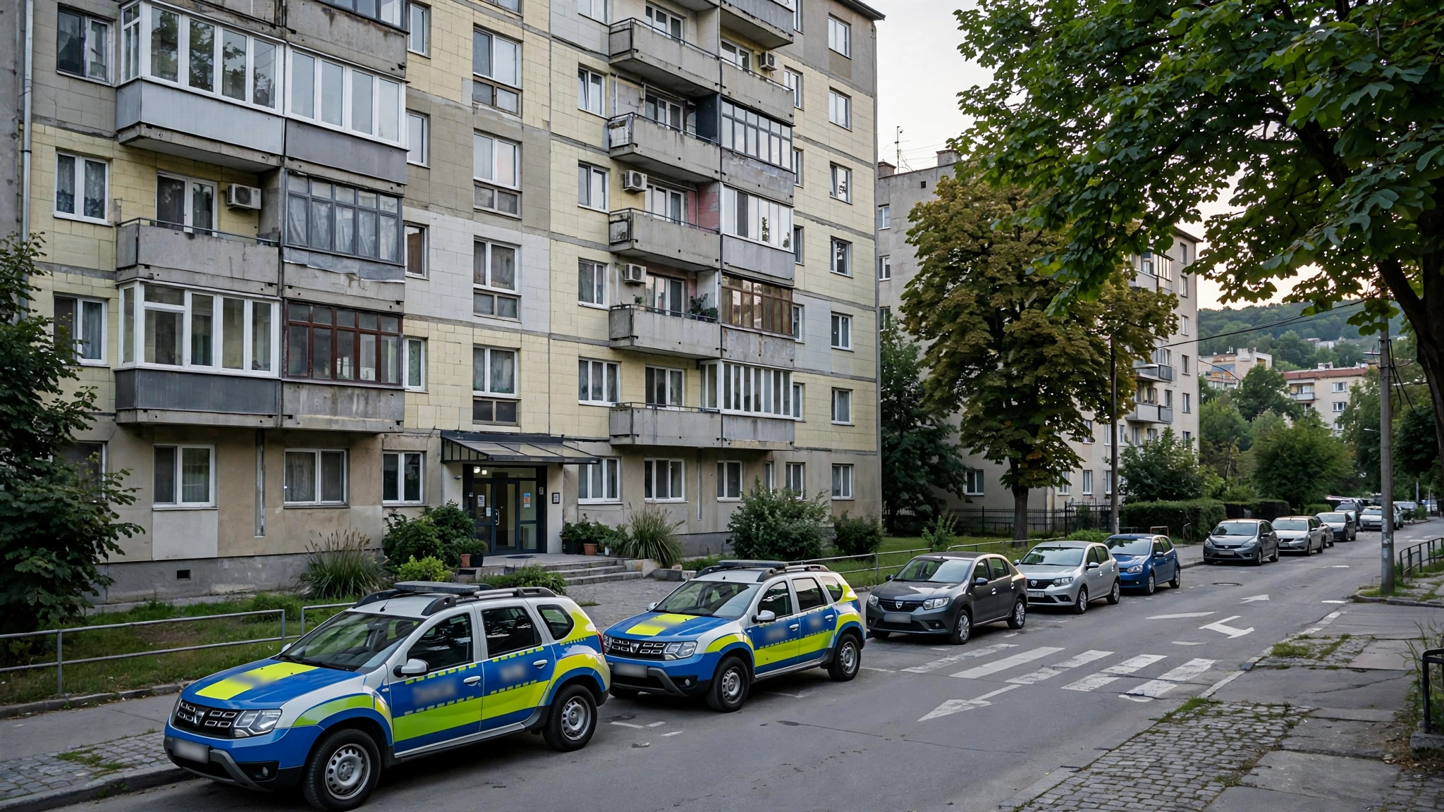 Bloc de locuințe din cartierul Grigorescu din Cluj-Napoca, cu mașini de poliție parcate în fața intrării, seara
