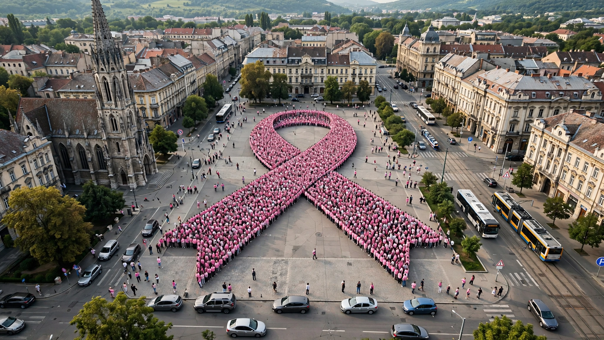 Grup mare de oameni formează, văzut de sus, conturul unei panglici roz în Piața Unirii din Cluj-Napoca.