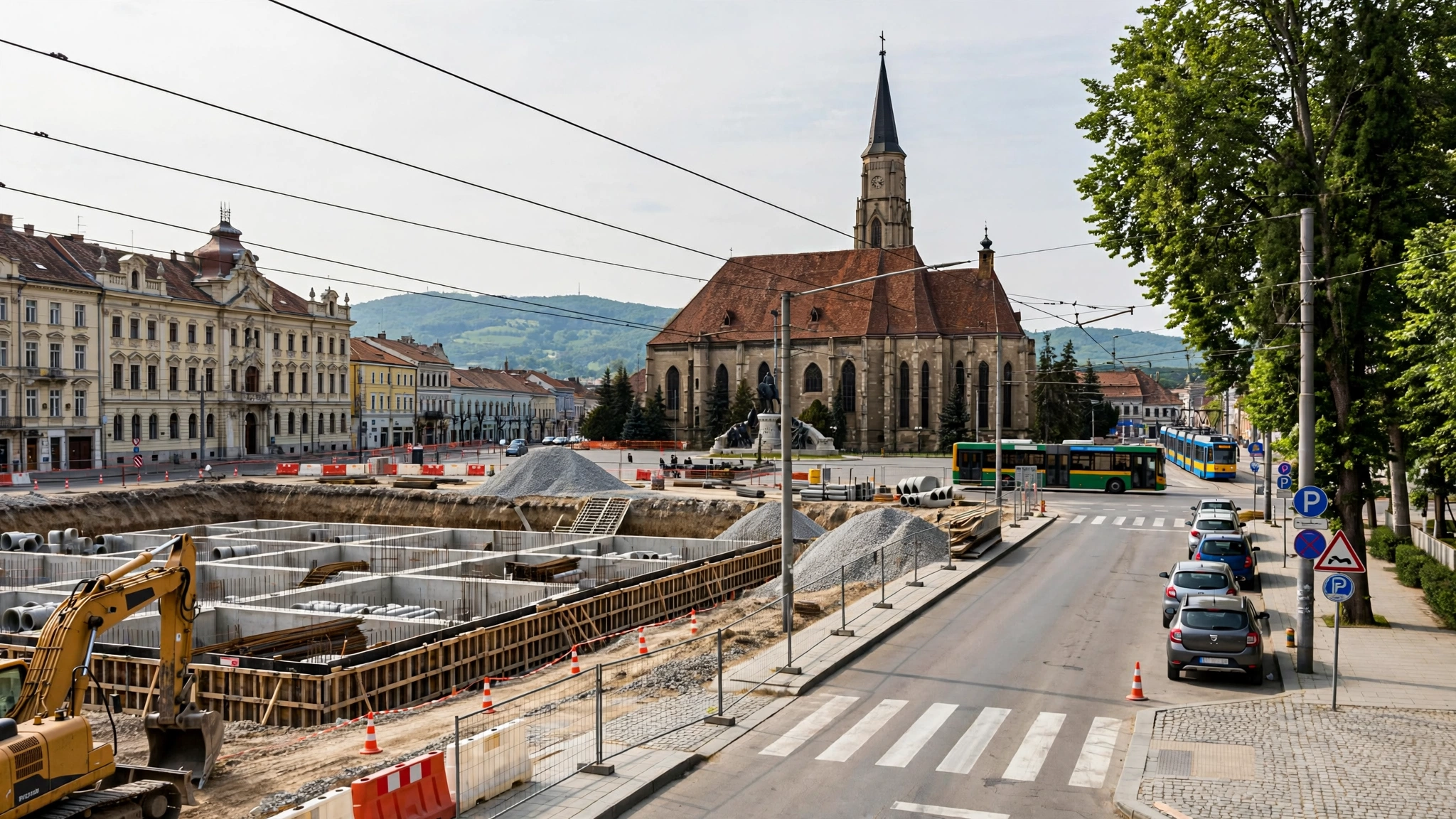 Șantier de infrastructură urbană cu utilaje de construcție și fundații în lucru, în zona centrală a unui oraș