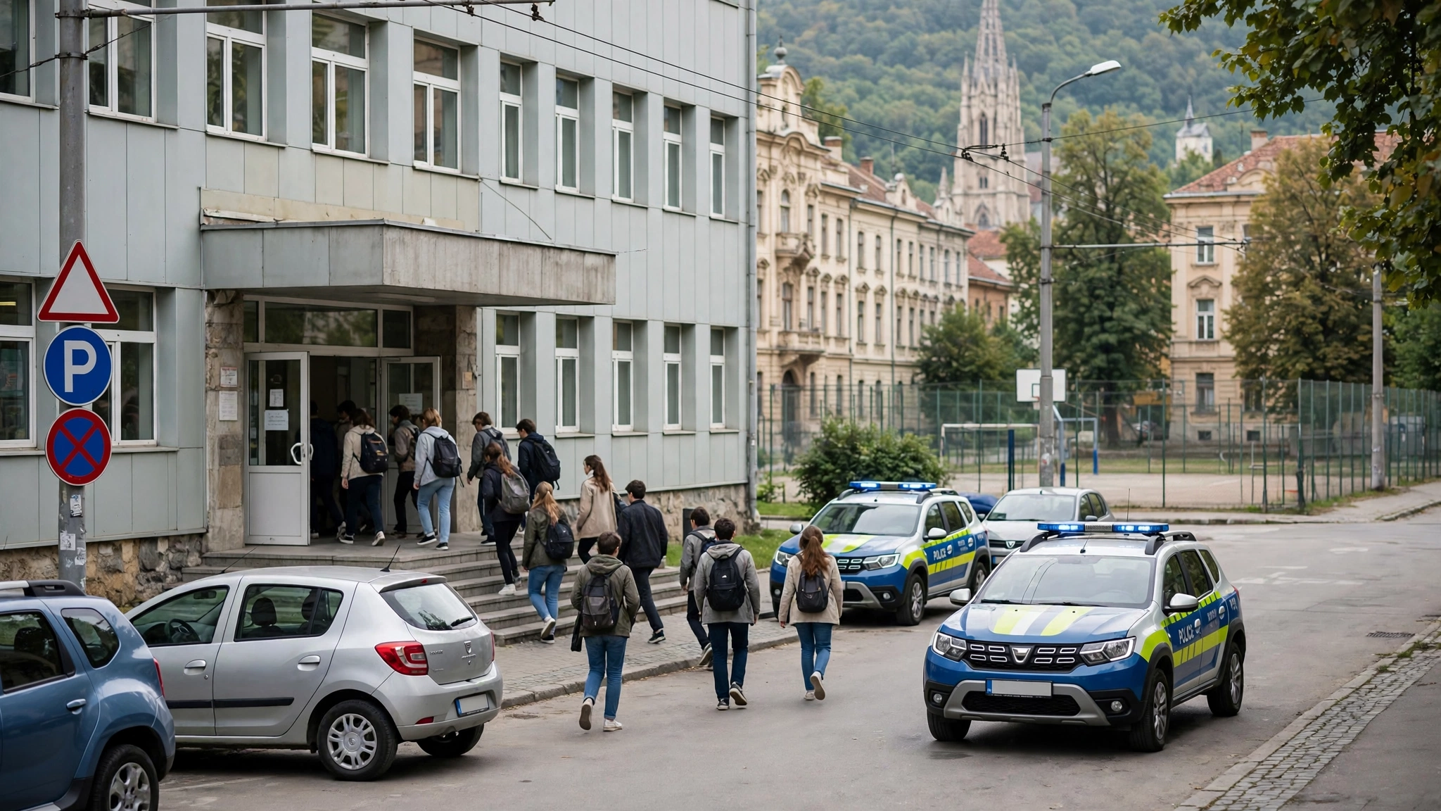 Elevi și profesori ieșind în grabă dintr-o clădire de liceu, cu mașini de poliție parcate în fața intrării