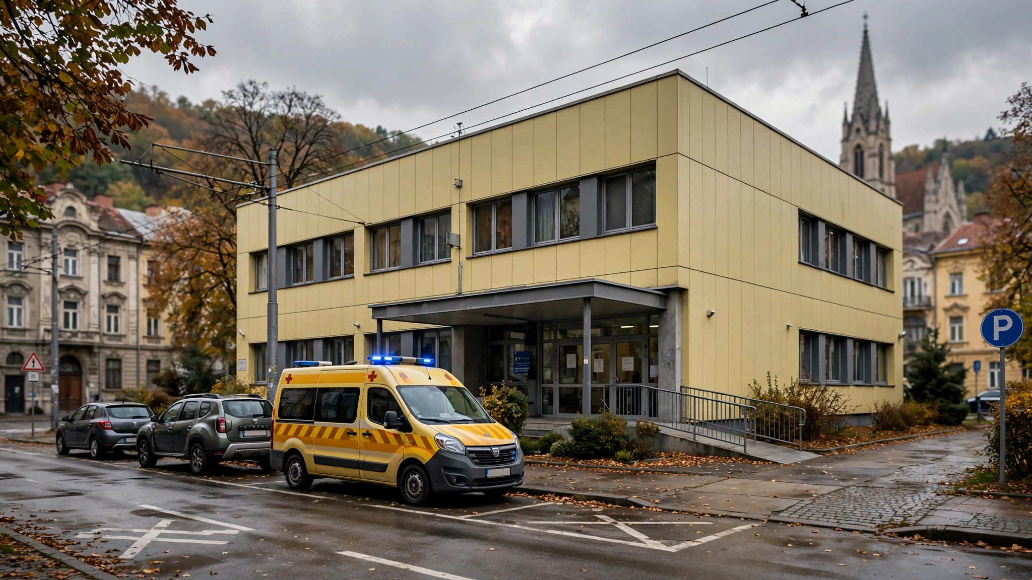 Fațada unei clinici de psihiatrie infantilă, cu o ambulanță parcată în fața intrării, sub un cer înnorat de toamnă.