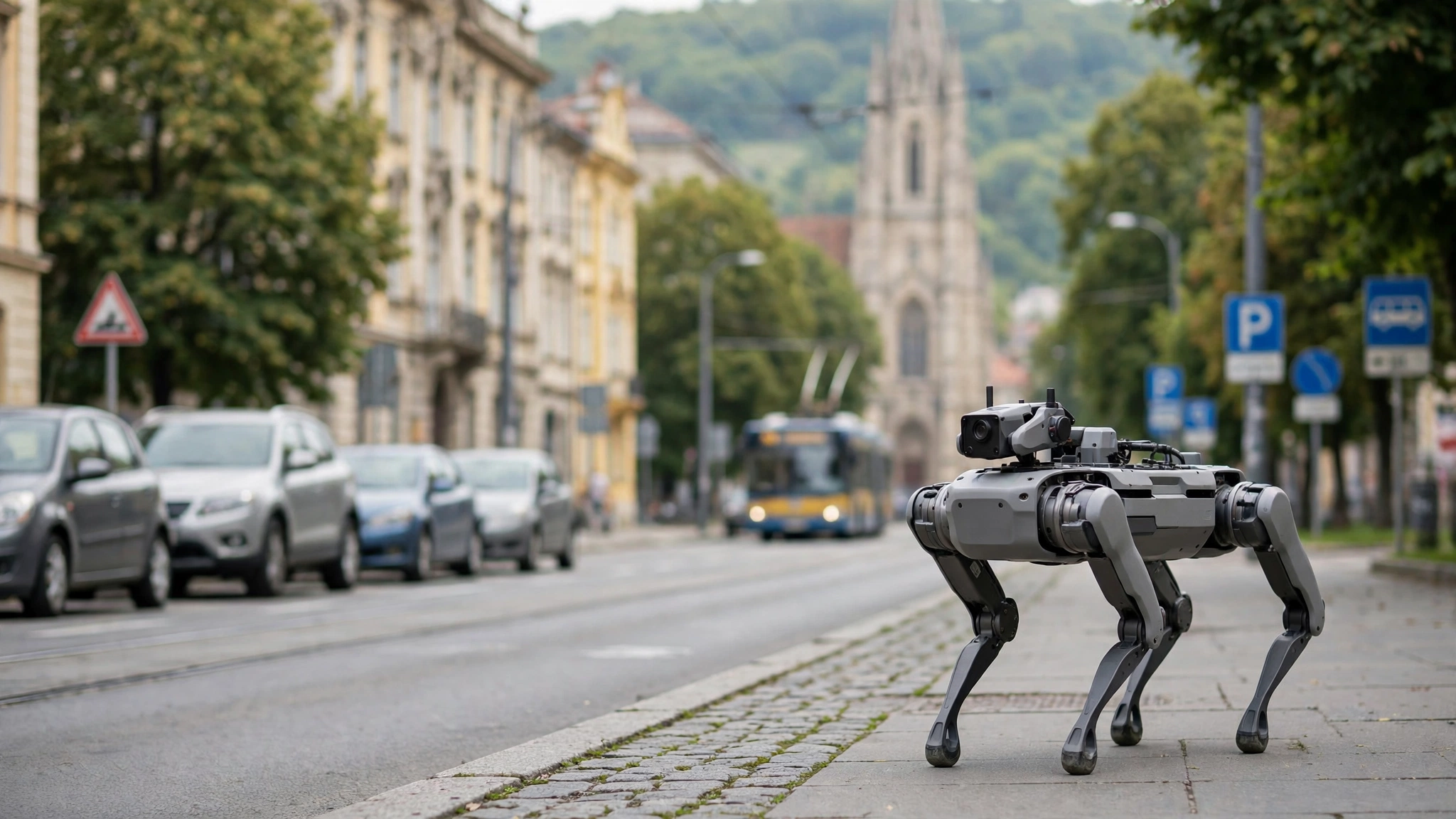 Robot patruped pe un trotuar din Cluj-Napoca