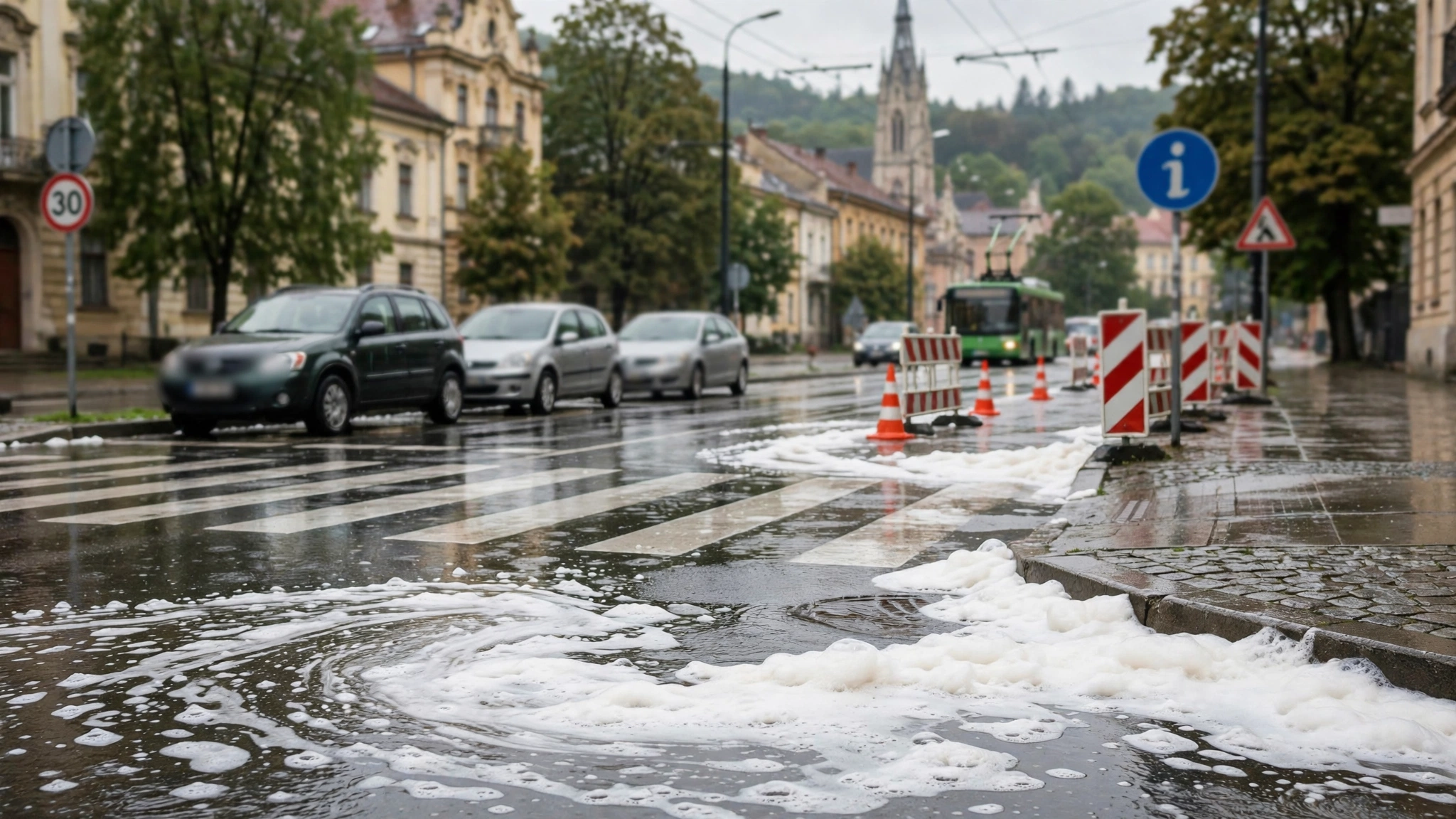 Apă acumulată și spumă albă pe carosabilul de pe strada Donath din Cluj-Napoca, după o ploaie torențială