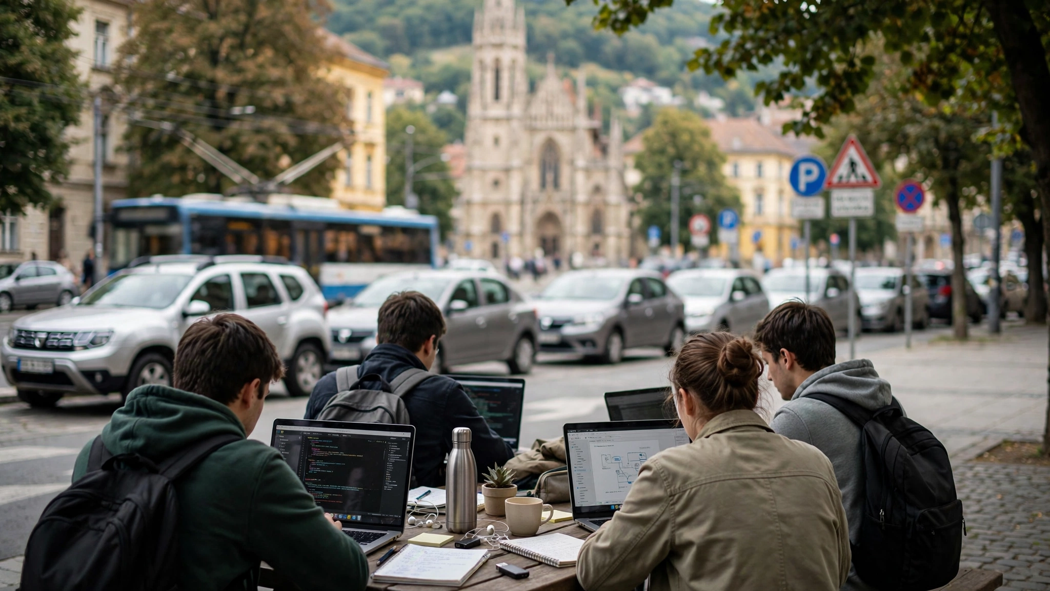 Studenți lucrând la laptop în cadrul unui proiect universitar de tehnologie