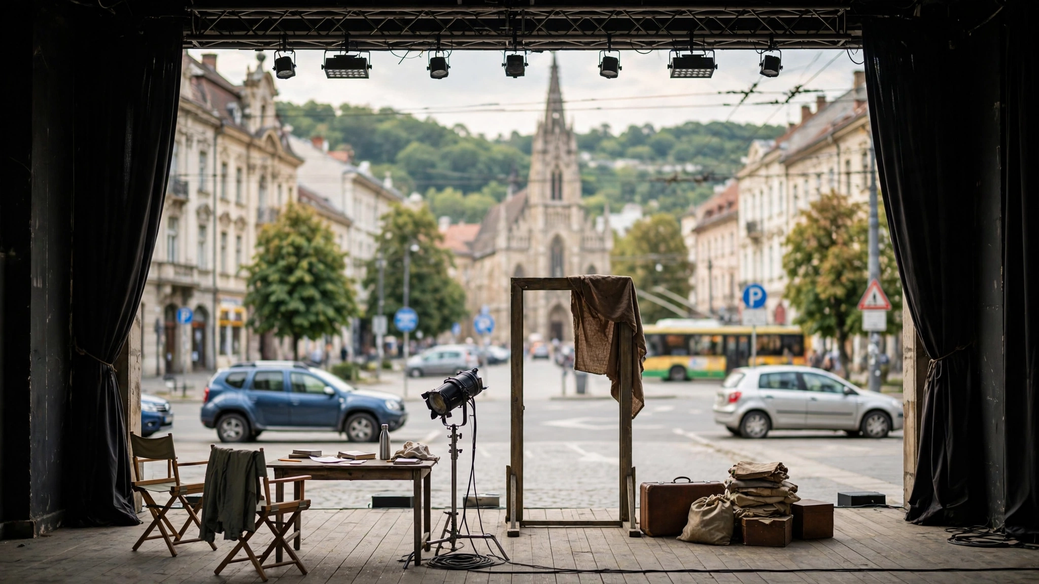 Scenă de teatru în timpul unei repetiții pentru spectacolul „Suflete moarte”