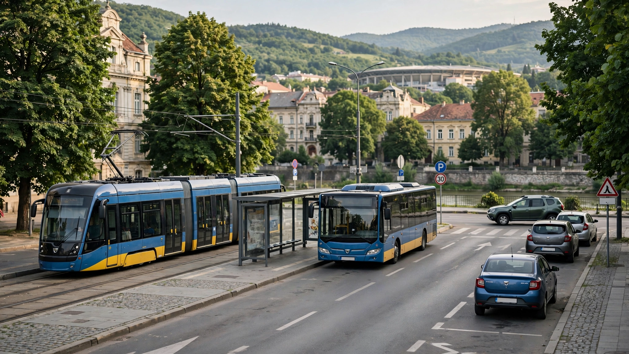 Tramvai și autobuz al CTP Cluj-Napoca în stația de pe Splaiul Independenței, lângă Cluj Arena