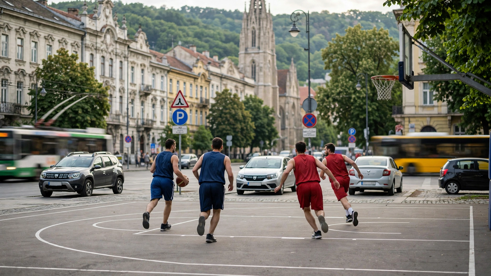 Jucători de baschet pe teren în timpul meciului dintre Spartak Office Shoes Subotica și U-BT Cluj-Napoca