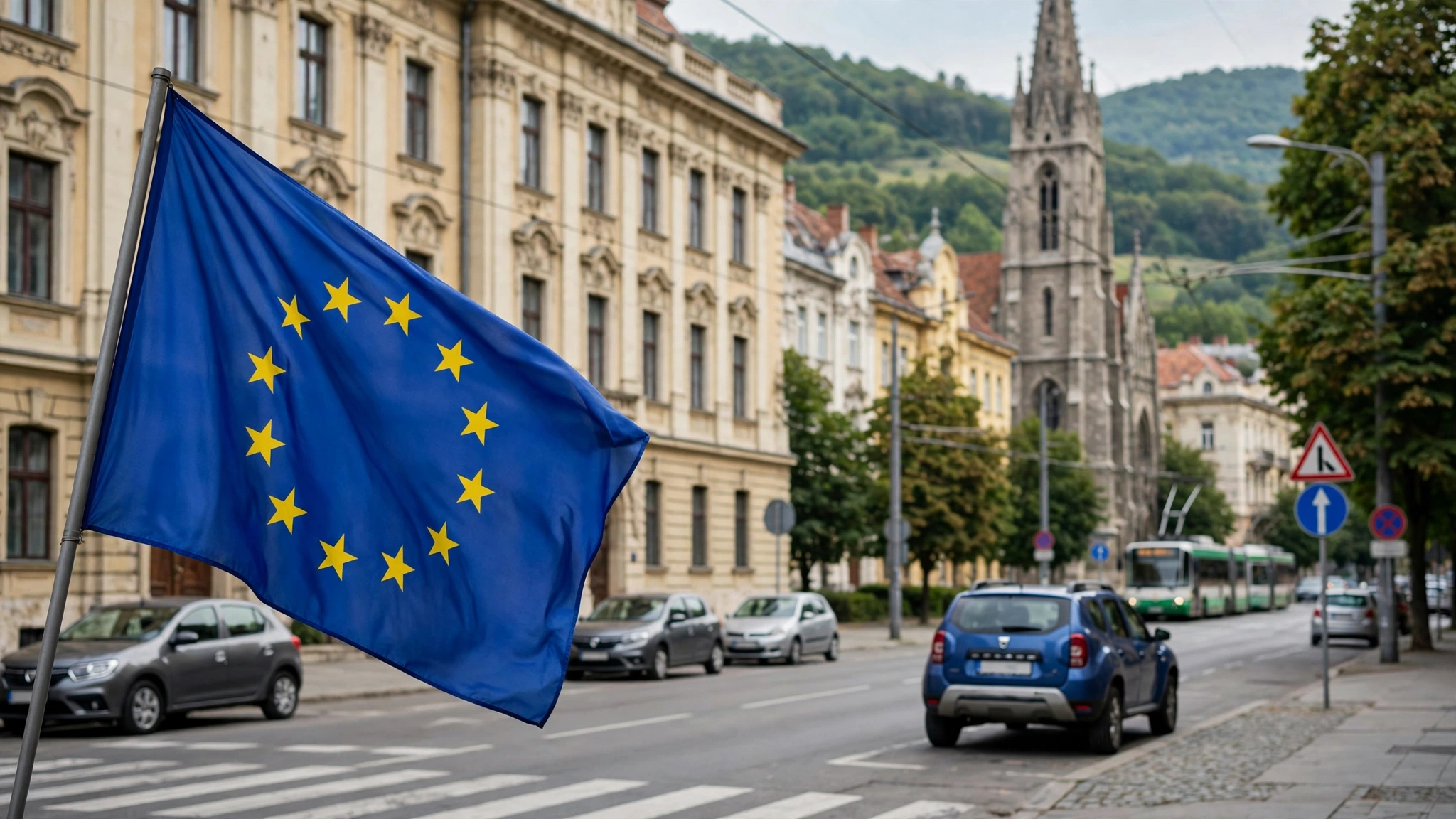 Steagul Uniunii Europene în fața sediului Parlamentului European