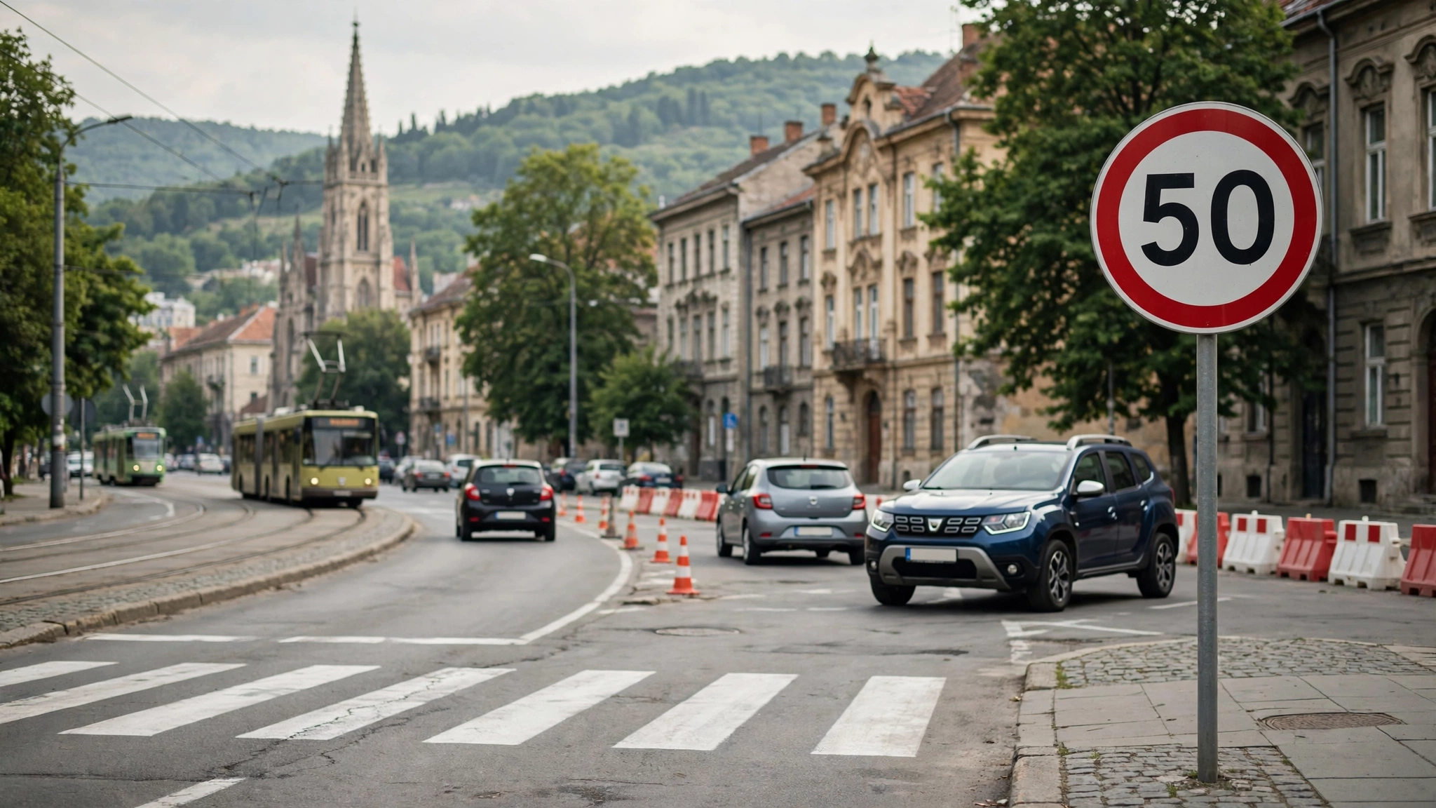 Stradă din Cluj-Napoca cu indicator de limitare a vitezei