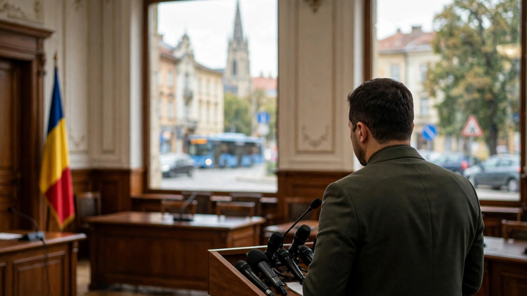 Președintele ucrainean Volodimir Zelenski în timpul unei conferințe de presă